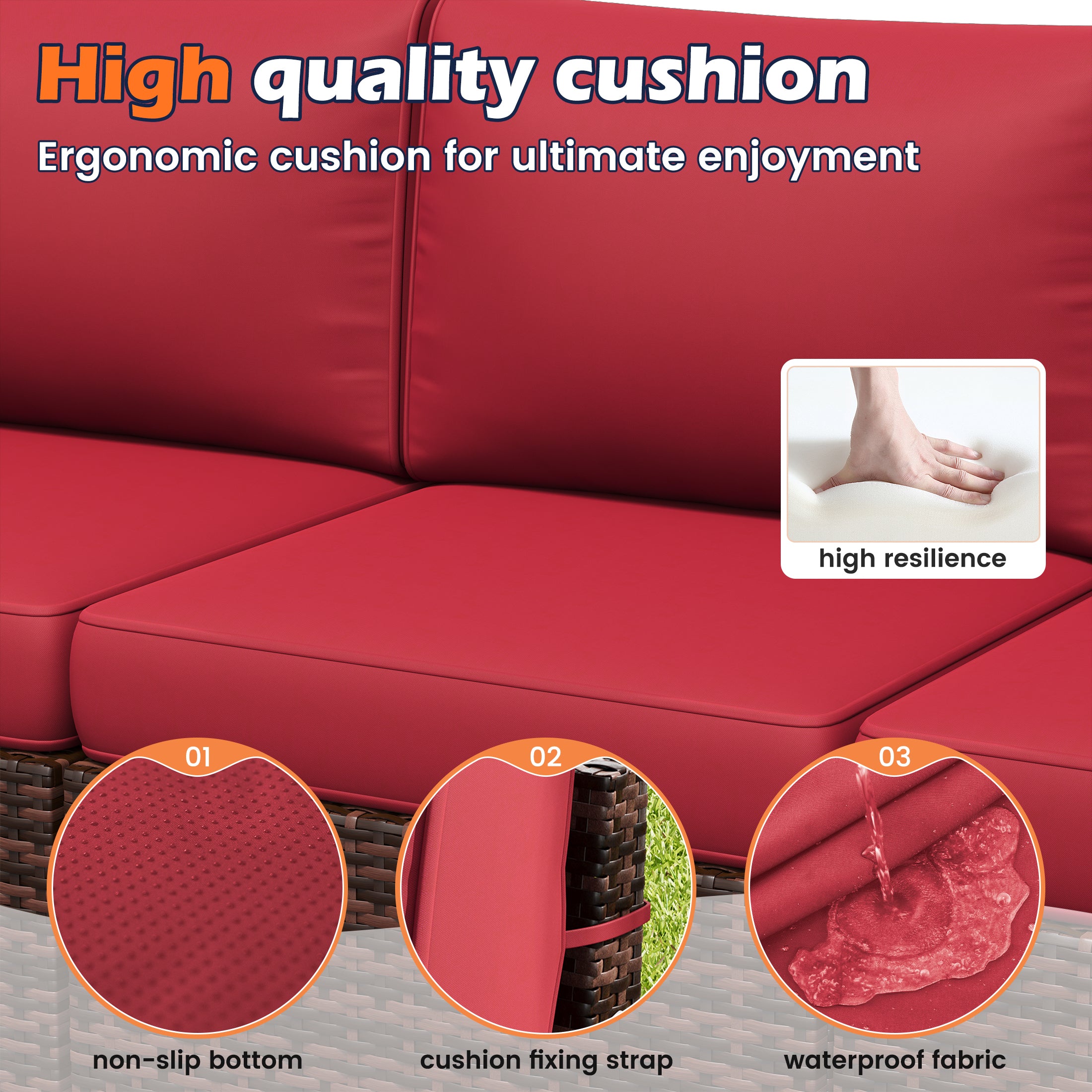 UDPATIO 6-Piece Patio Furniture Set, Outdoor Patio Sofa Set With Wide Armrest, All-Weather Wicker Rattan Guest Set With Cushion And Glass Table And Waterproof Cover,Brown & Wine Red