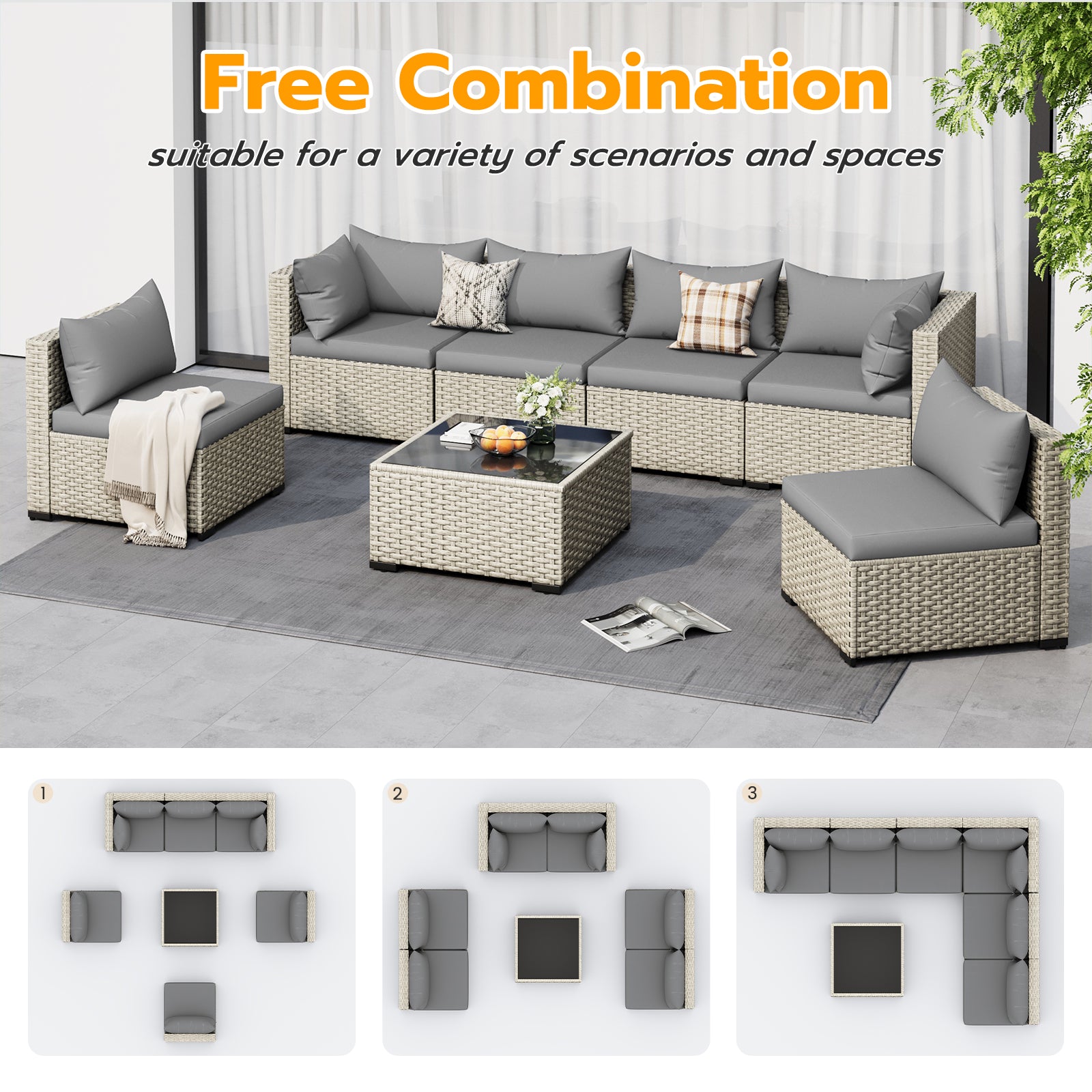 UDPATIO Outdoor Patio Furniture Set, 7-Piece PE Wicker Sectional Sofa with Tea Table, Outdoor Conversation Set for Patio, Garden, Backyard