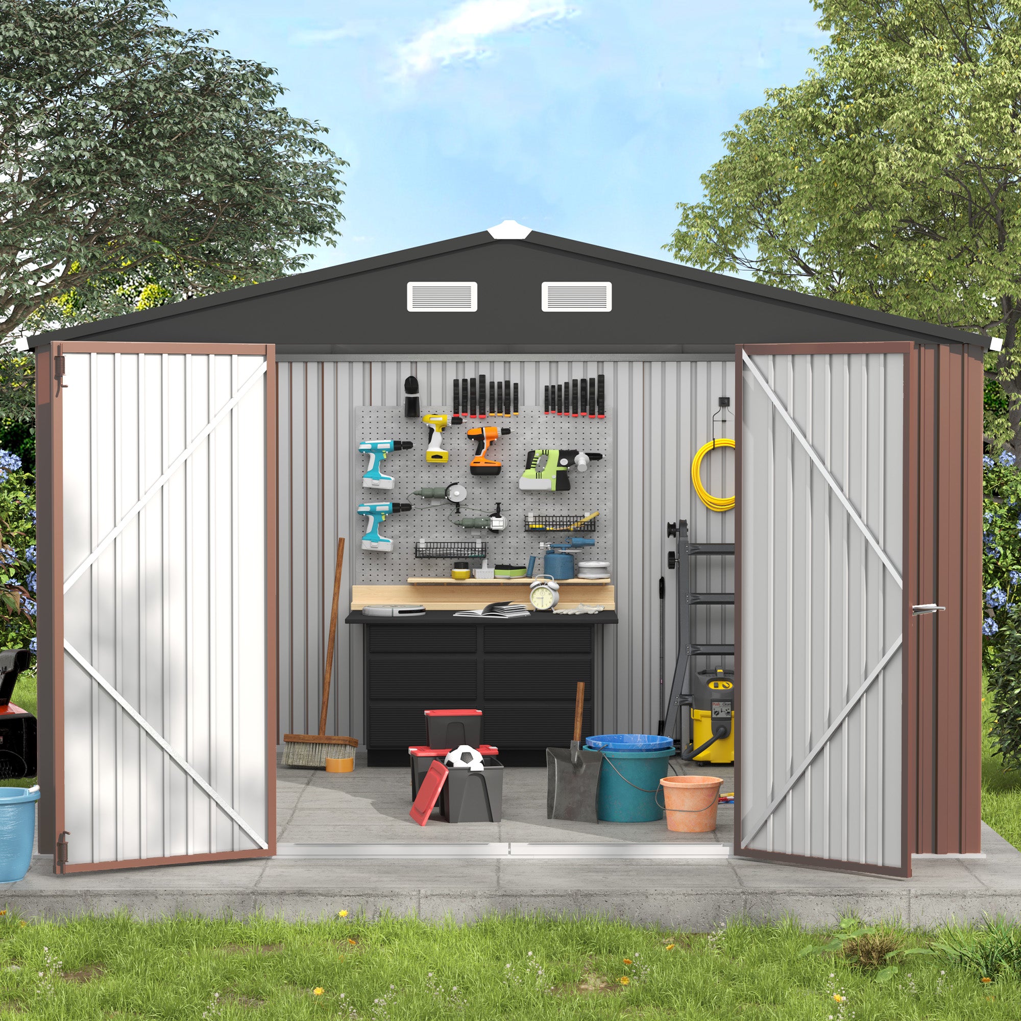 UDPATIO Outdoor Storage Shed 10x10 FT, Outside Sheds & Outdoor Storage Metal Galvanized Steel Yard, Lawn, with Lockable Door for Can, Bike, Lawnmower,Dark Brown