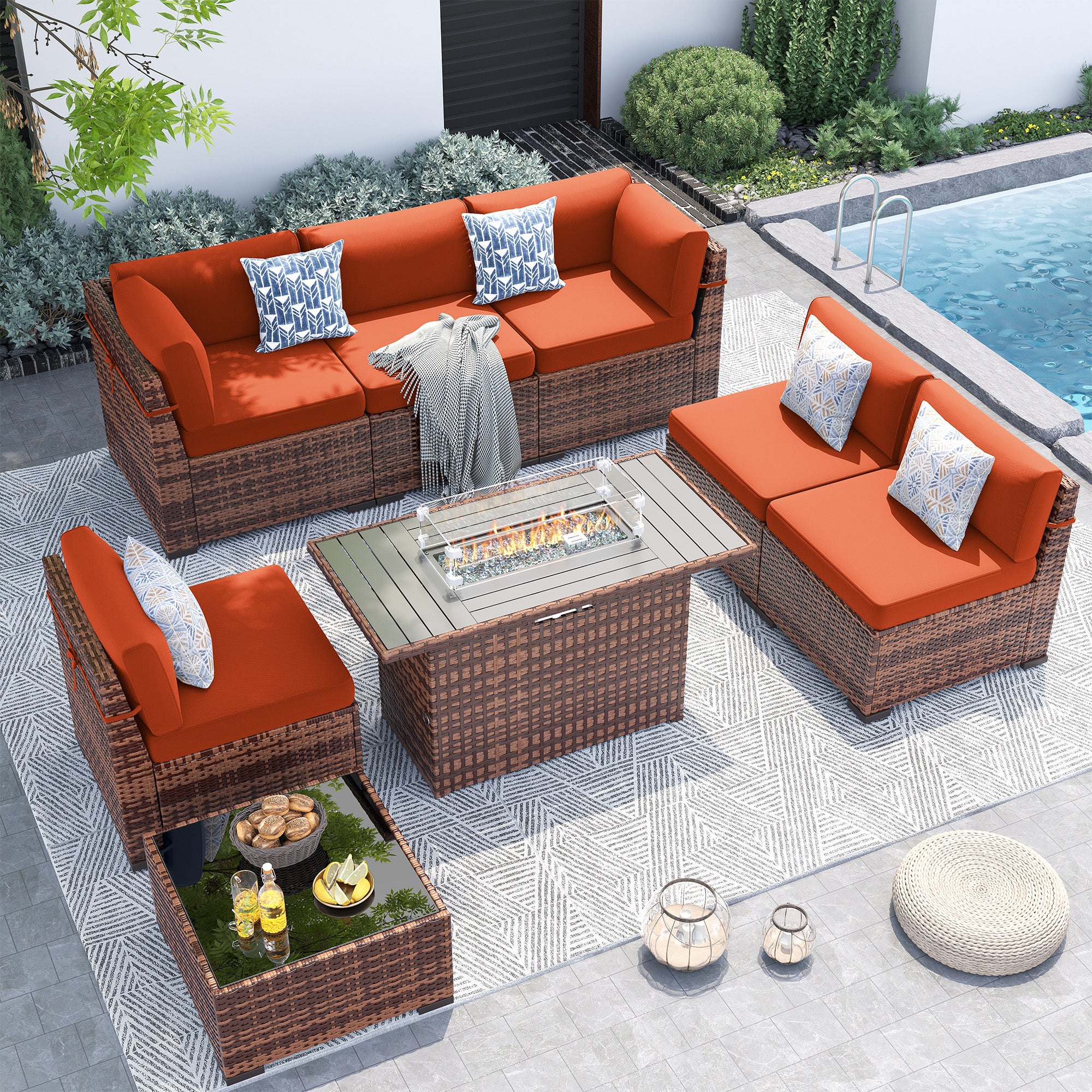 UDPATIO Patio Furniture Set With 44'' Fire Pit Table,Modular Outdoor Furniture Sets,Slanted Back Outdoor Sectional Conversation Set PE Rattan Sofa for Backyard W/Coffee Table,4'' Cushions,8 PCS