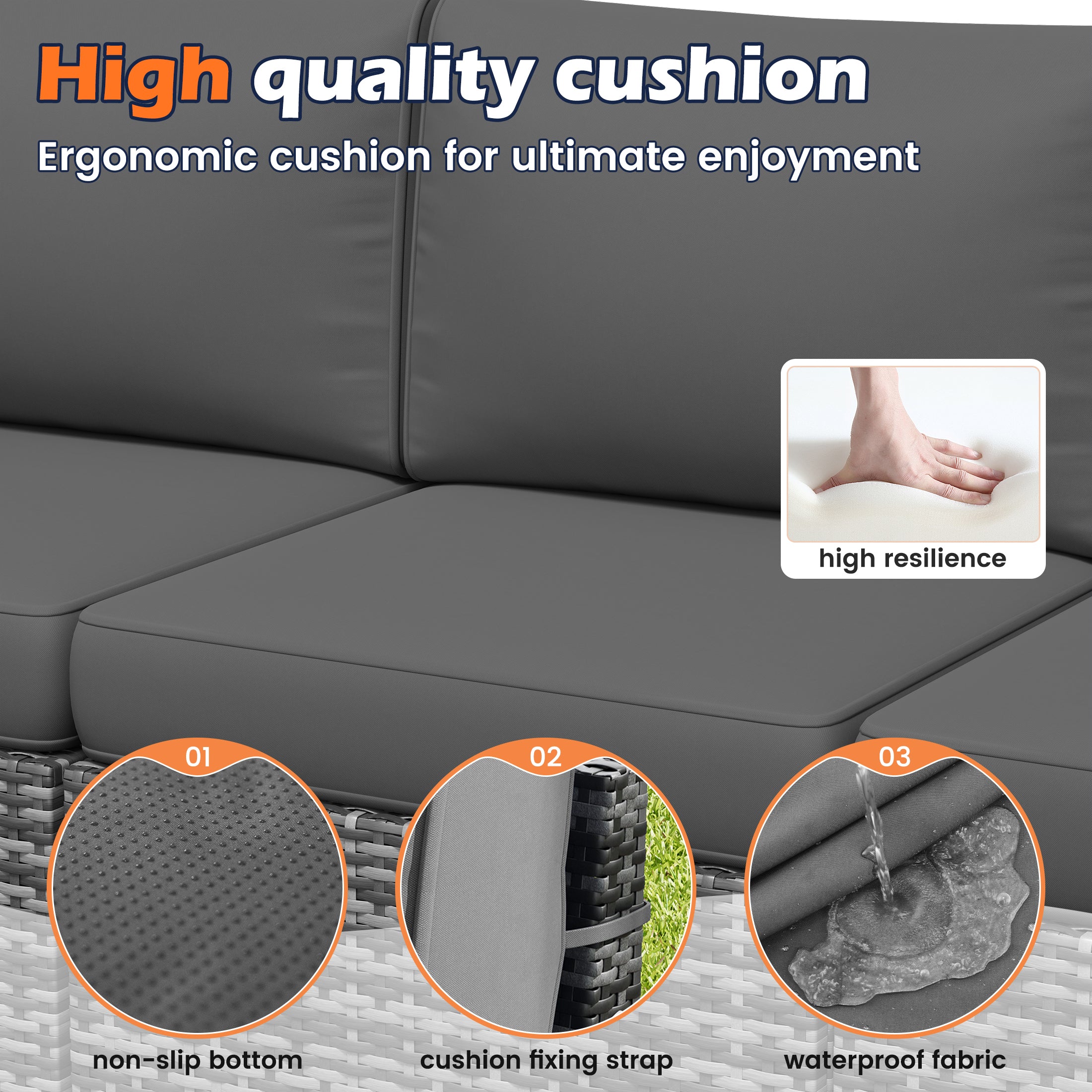 UDPATIO 6-Piece Patio Furniture Set, Outdoor Patio Sofa Set With Wide Armrest, All-Weather Wicker Rattan Guest Set With Cushion And Glass Table And Waterproof Cover, Grey & Dark Grey