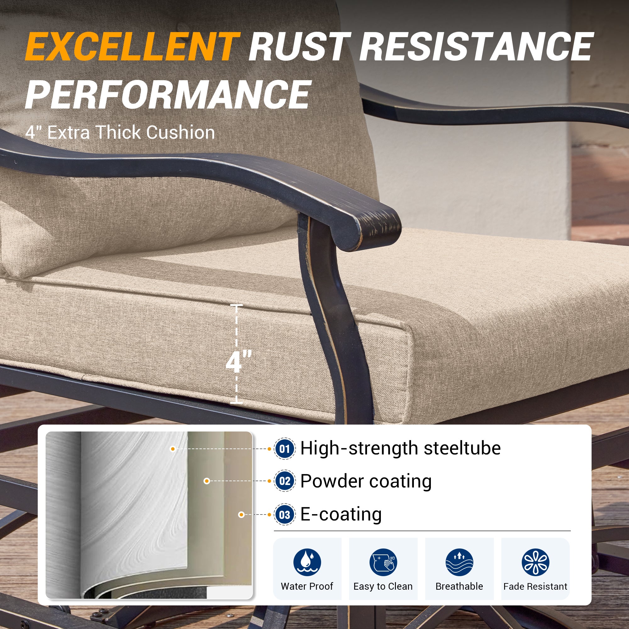 UDPATIO Outdoor Swivel Rocker Chairs, 3 Piece Metal Patio Rocking Chairs with Blue Padded Cushions Patio Bistro Furniture Set with Side Table for Porch Balcony Backyard