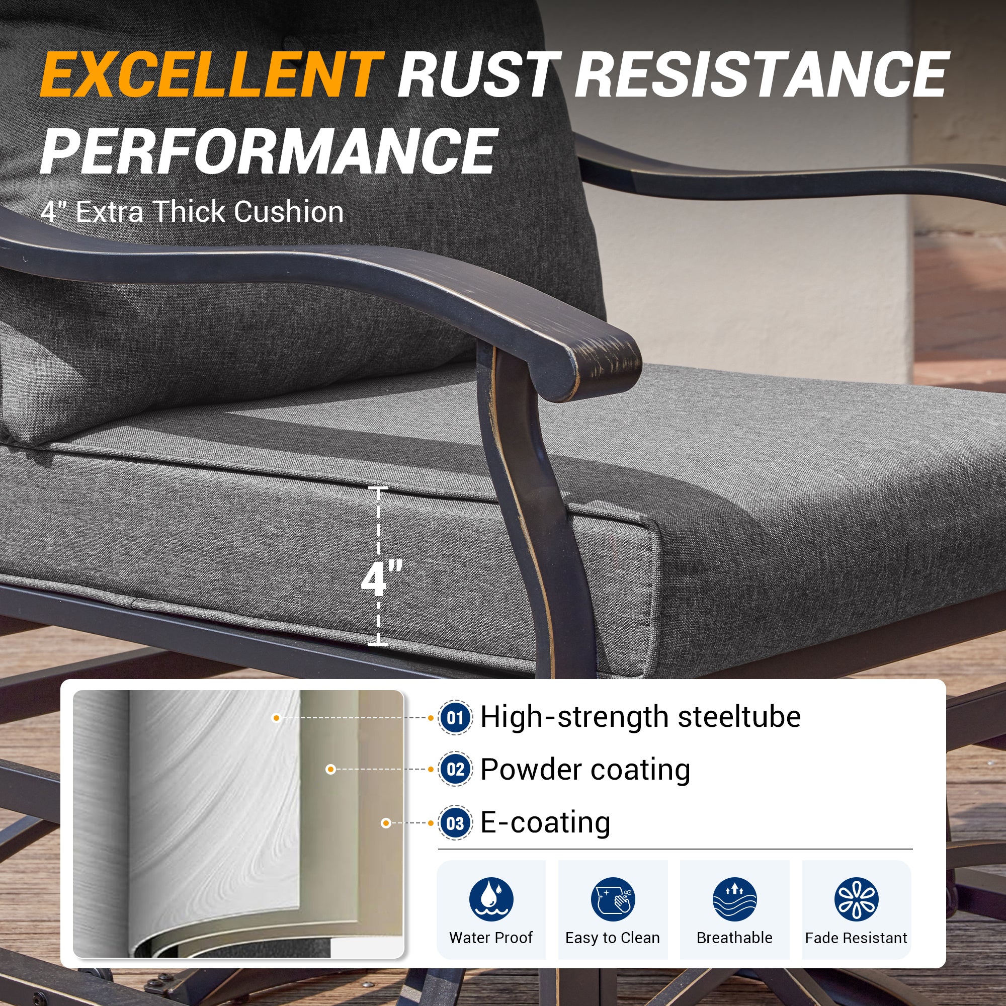 UDPATIO Outdoor Swivel Rocker Chairs, 3 Piece Metal Patio Rocking Chairs with Blue Padded Cushions Patio Bistro Furniture Set with Side Table for Porch Balcony Backyard