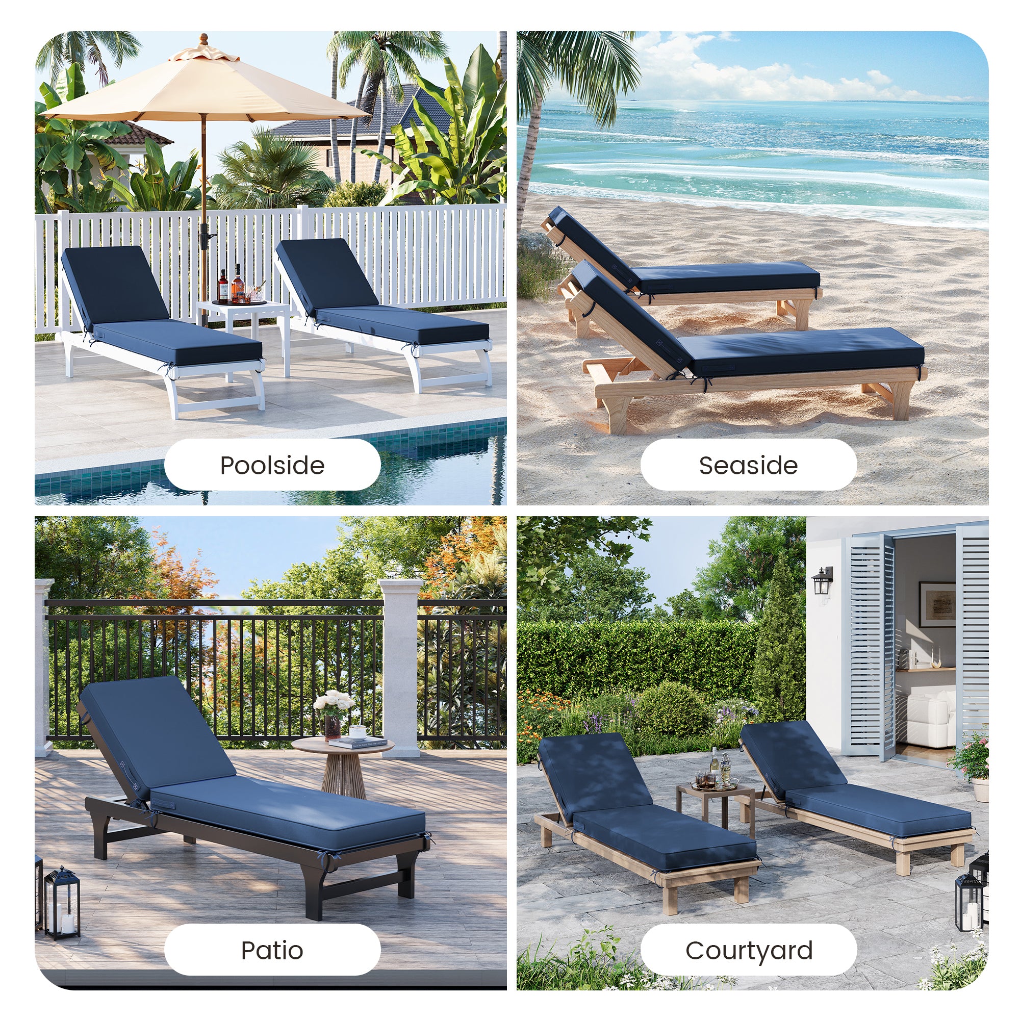 UDPATIO 2PCS Chaise Lounge Cushions, Oversized Thick 4-Inch Foam Pad, Fade-Proof Cover Chair Replacement for Patio, Poolside, Lawn, Deck & Outdoor Furniture - Removable Accessories (72"x21"x4")