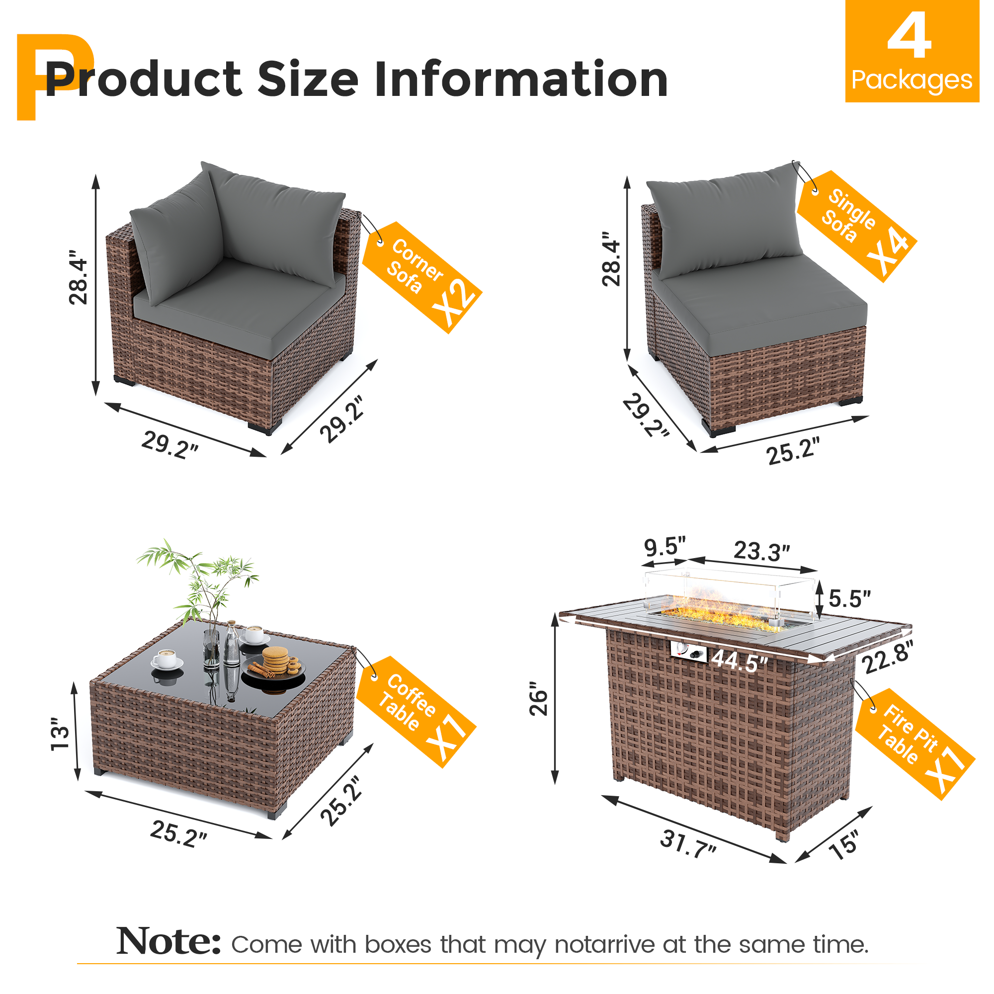 UDPATIO Outdoor Patio Furniture Set with Fire Pit Table, 8 Piece Outdoor Sectional Sofas, All-Weather Wicker Patio Conversation Set for Garden, Backyard