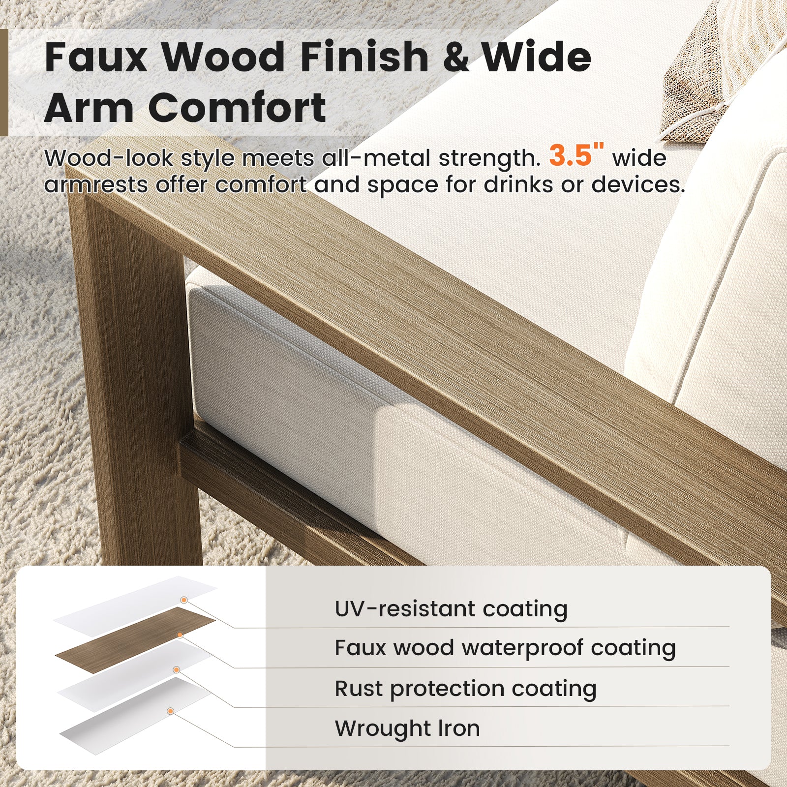 UDPATIO 6 Piece Patio Furniture Set, Faux Wood Metal Outdoor Sectional Sofa with 6" Thick Olefin Cushions, Wide Armrest & Coffee Table, L Shaped Outdoor Furniture for Garden, Backyard