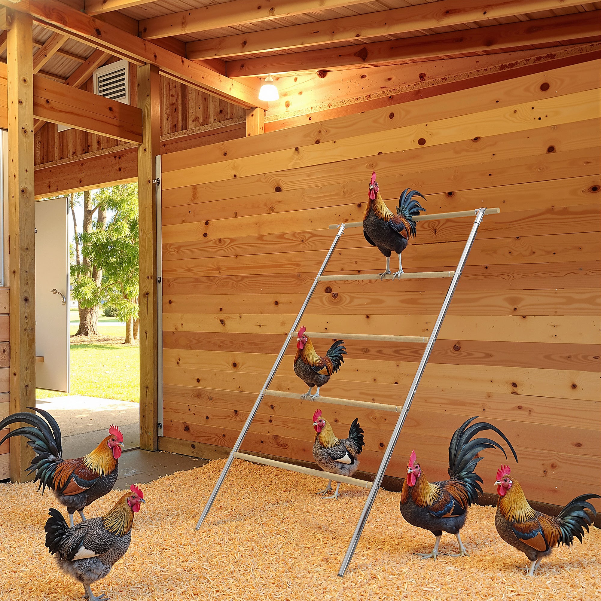 Chicken Roosting Perch - Heavy Duty 4-Tier Metal & Wood Chicken Roost Bars, Large Cock Coop Accessory - Easy Install (55"L x 40"W) for Backyard Poultry, Hens & Farm Pens