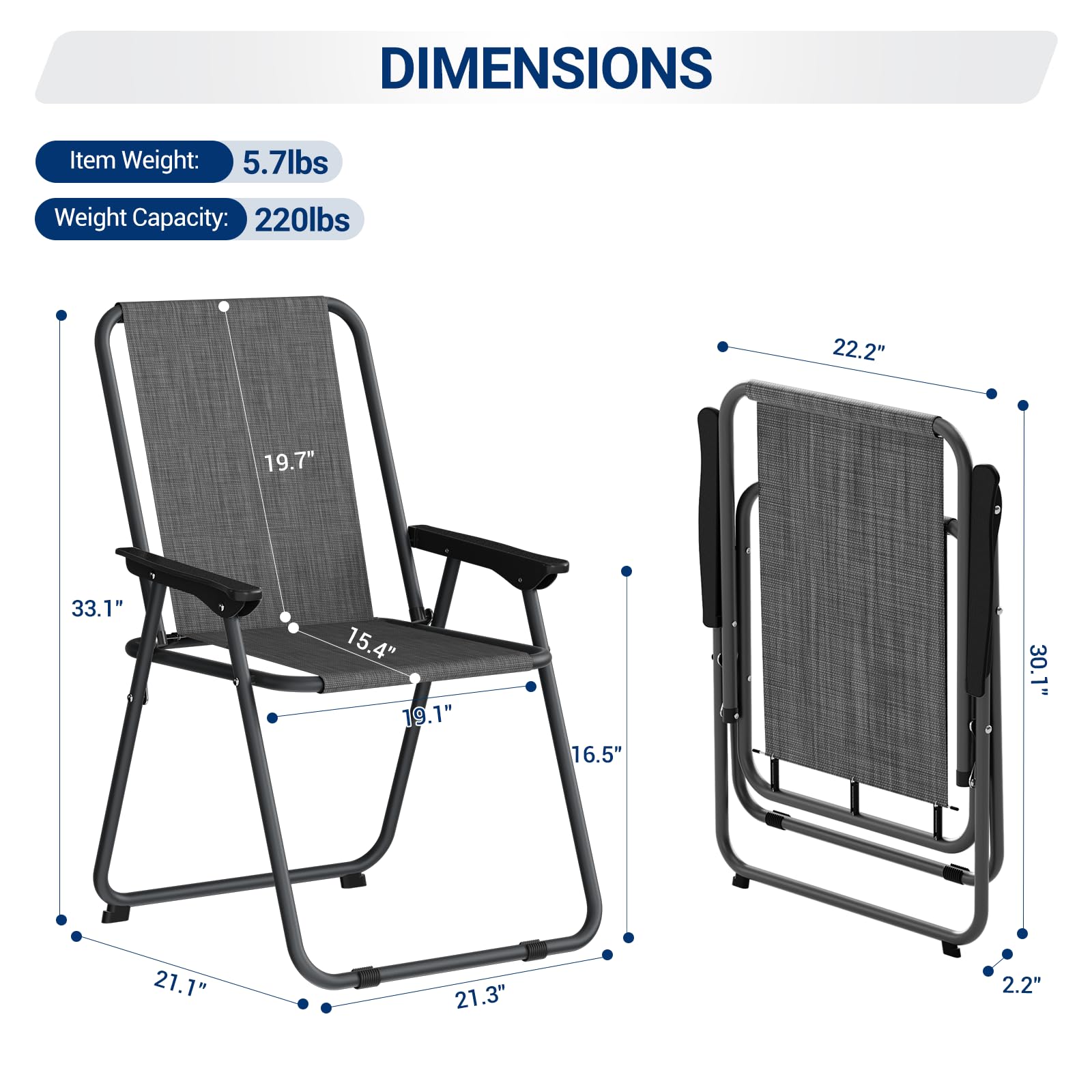 UDPATIO Patio Folding Chairs Set of 6, Lightweight Portable Patio Chair with Sturdy Steel Frame and Weather-Resistant Textilene Fabric, Black