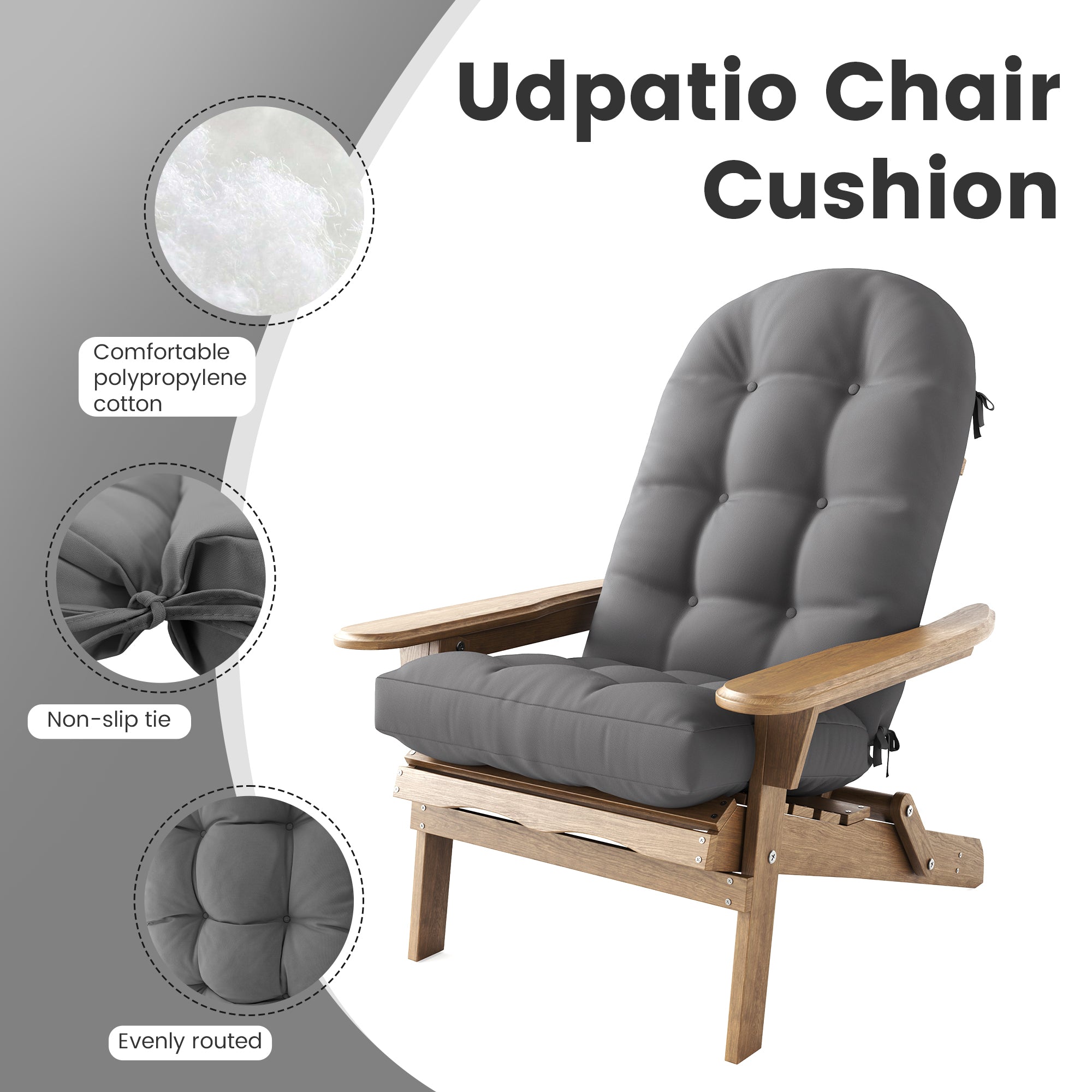 Adirondack Chair Cushion Set of 2 with Ties - Sunproof Waterproof Outdoor High Back Seat Pads for Rocking Chairs, Patio, Deck, Porch, Lawn (Upper & Lower Back Support)