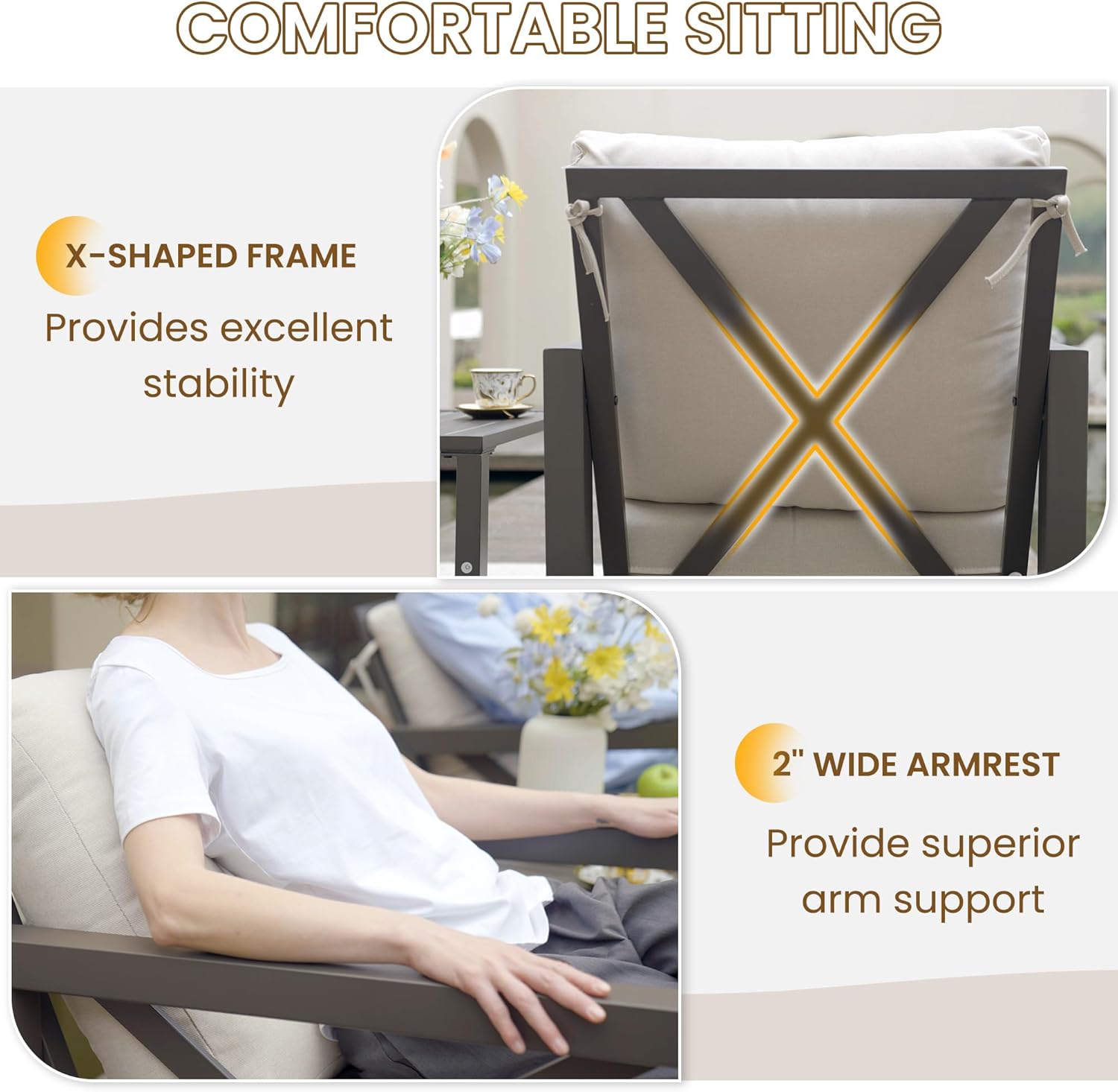 UDPATIO Rocking Chair Outdoor Set 2 with Coffee Table, 3 Piece Metal Rocking Bistro Set with 6.5" Water-Resistant Cushions, Oversized, 350lbs Heavy-Duty, for Porch, Patio, Balcony