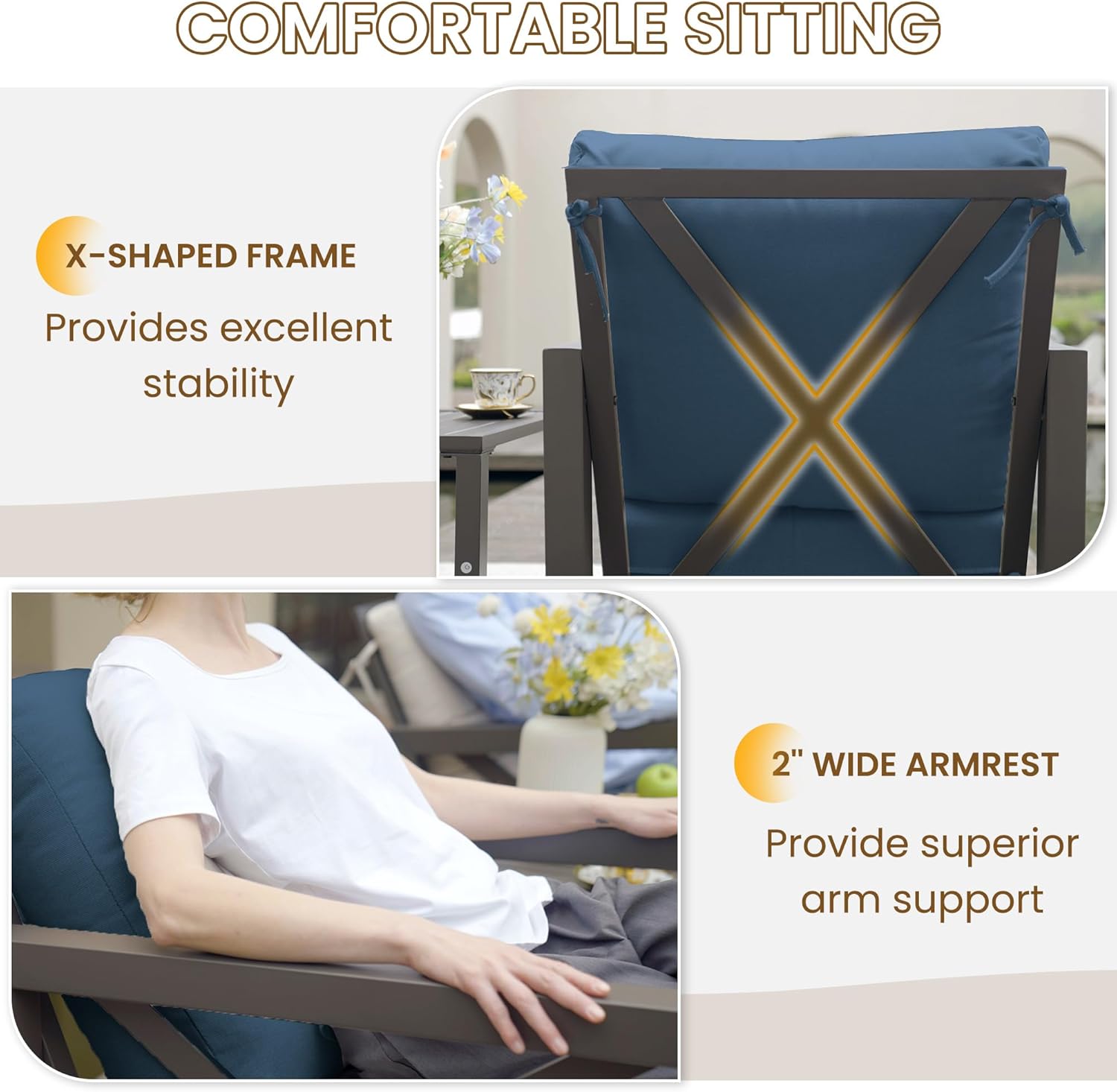 UDPATIO Rocking Chair Outdoor Set 2 with Coffee Table, 3 Piece Metal Rocking Bistro Set with 6.5" Water-Resistant Cushions, Oversized, 350lbs Heavy-Duty, for Porch, Patio, Balcony