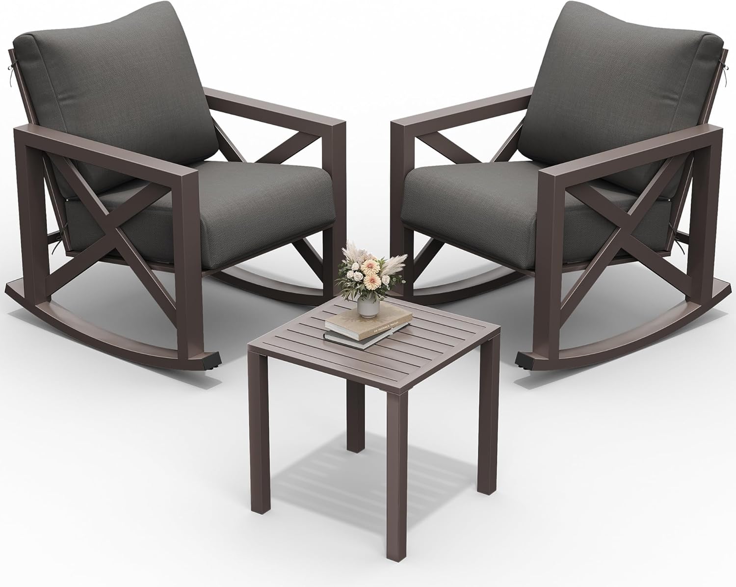 UDPATIO Rocking Chair Outdoor Set 2 with Coffee Table, 3 Piece Metal Rocking Bistro Set with 6.5" Water-Resistant Cushions, Oversized, 350lbs Heavy-Duty, for Porch, Patio, Balcony