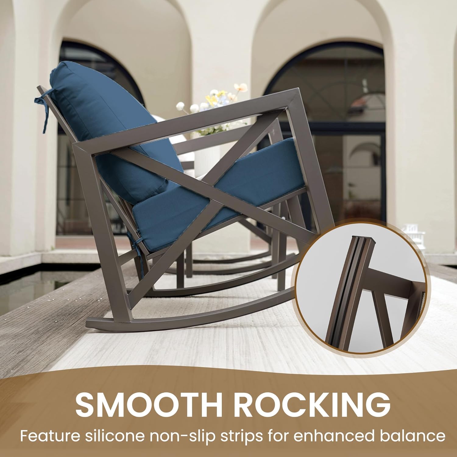 UDPATIO Rocking Chair Outdoor Set 2 with Coffee Table, 3 Piece Metal Rocking Bistro Set with 6.5" Water-Resistant Cushions, Oversized, 350lbs Heavy-Duty, for Porch, Patio, Balcony