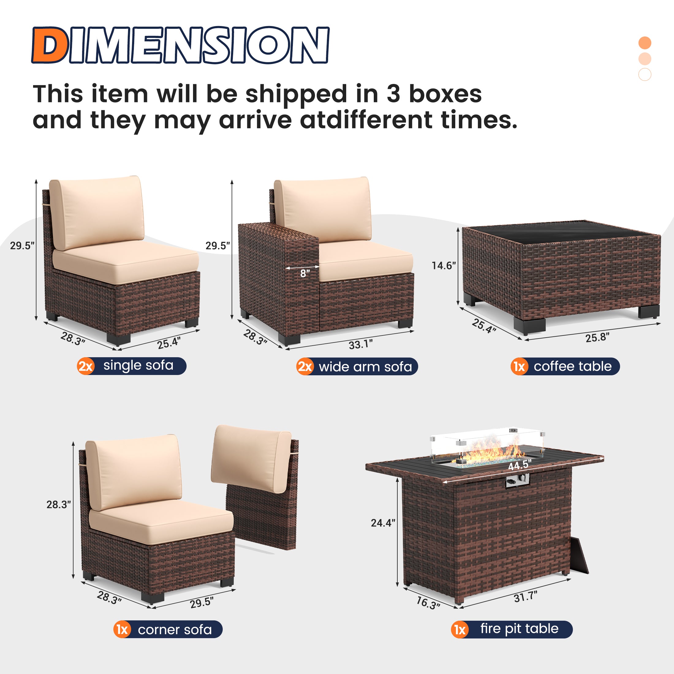 UDPATIO Patio Furniture Set with Fire Pit Table, Outdoor Patio Sofa Set With Wide Armrest, All-Weather Wicker Rattan Guest Set With Cushion And Glass Table And Waterproof Cover, Brown&Khaki