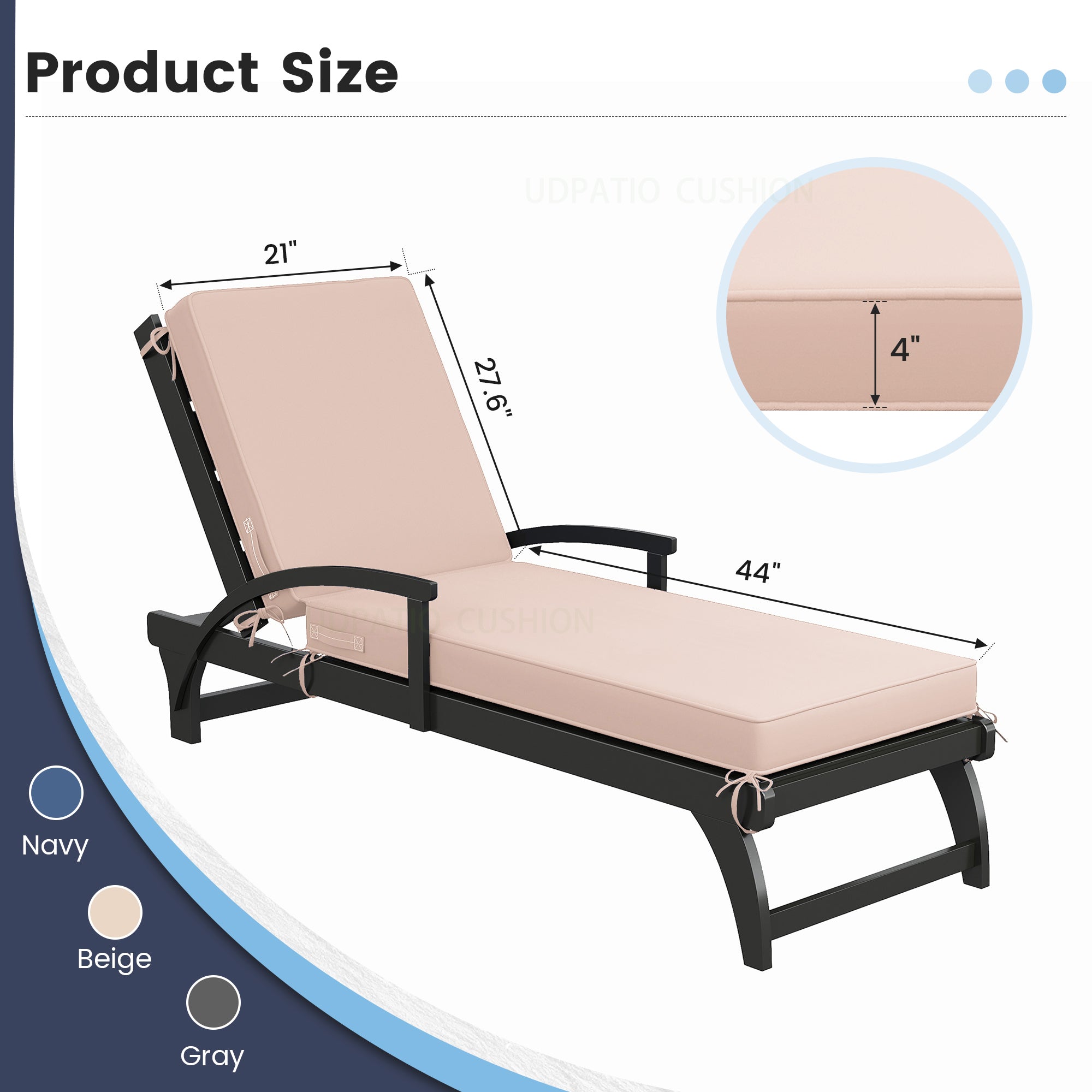 UDPATIO Chaise Lounge Cushions, Oversized Thick 4-Inch Foam Pad, Fade-Proof Cover Chair Replacement for Patio, Poolside, Lawn, Deck & Outdoor Furniture - Removable Accessories (72"x21"x4")