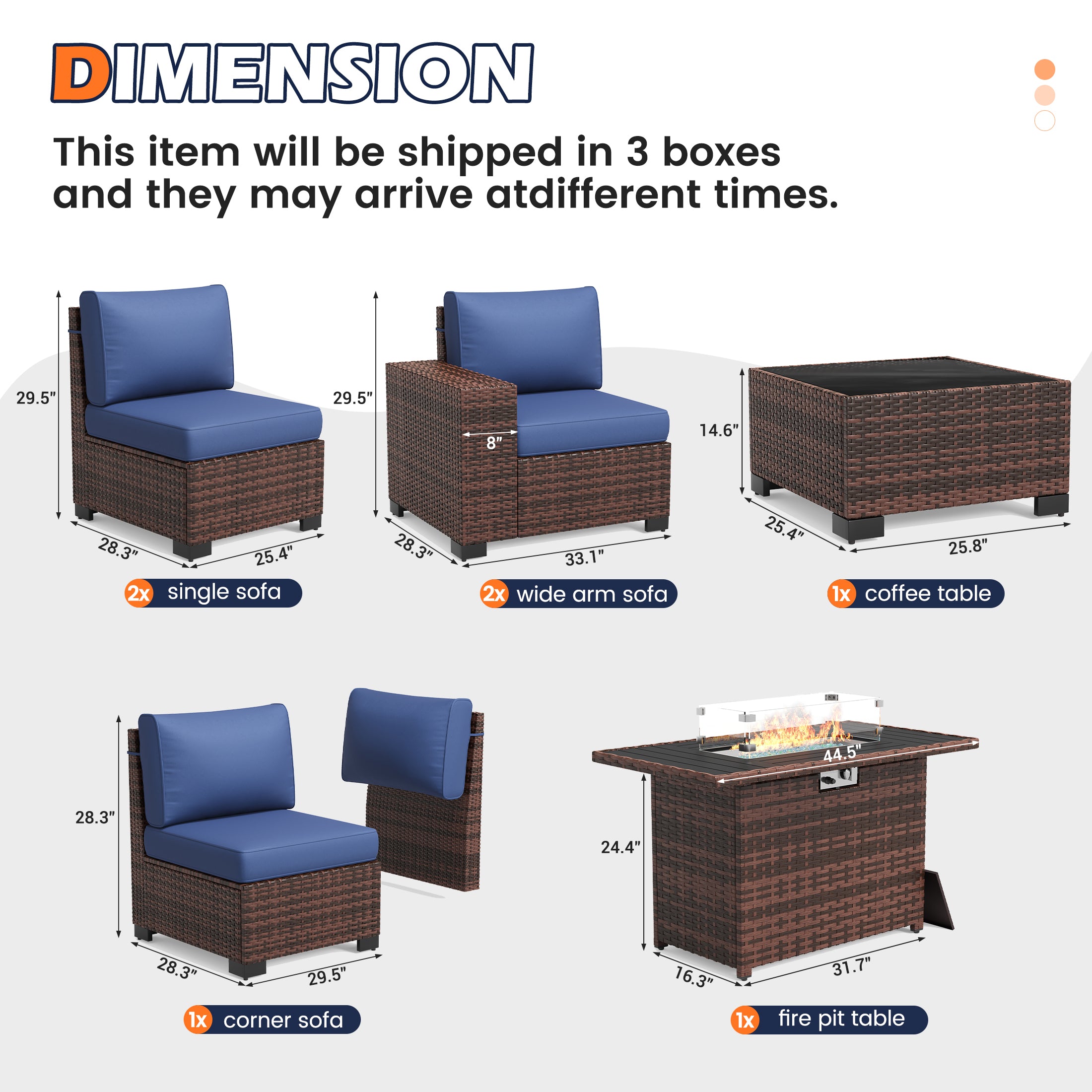 UDPATIO Patio Furniture Set with Fire Pit Table, Outdoor Patio Sofa Set With Wide Armrest, All-Weather Wicker Rattan Guest Set With Cushion And Glass Table And Waterproof Cover, Brown&Navy Blue