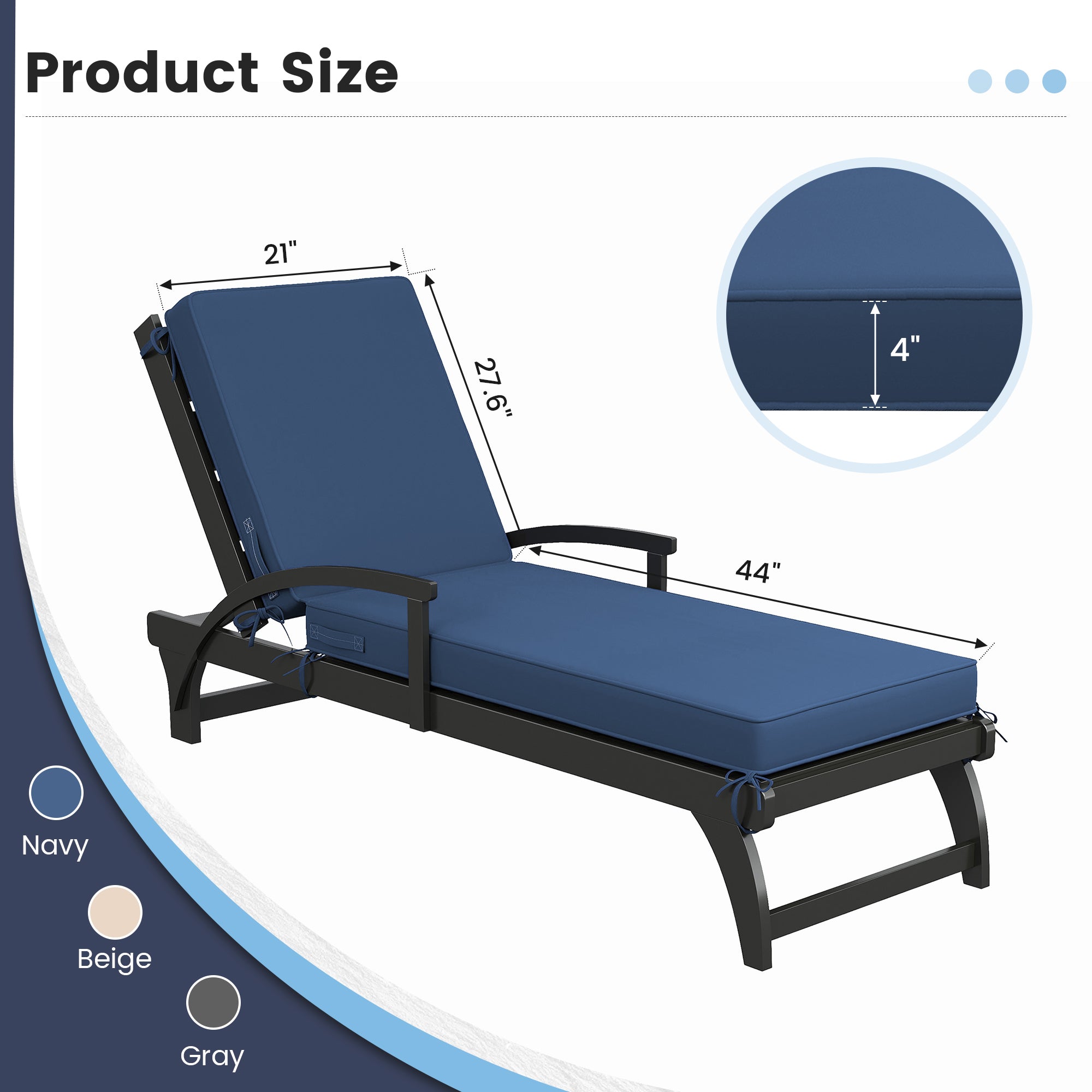 UDPATIO Chaise Lounge Cushions, Oversized Thick 4-Inch Foam Pad, Fade-Proof Cover Chair Replacement for Patio, Poolside, Lawn, Deck & Outdoor Furniture - Removable Accessories (72"x21"x4")