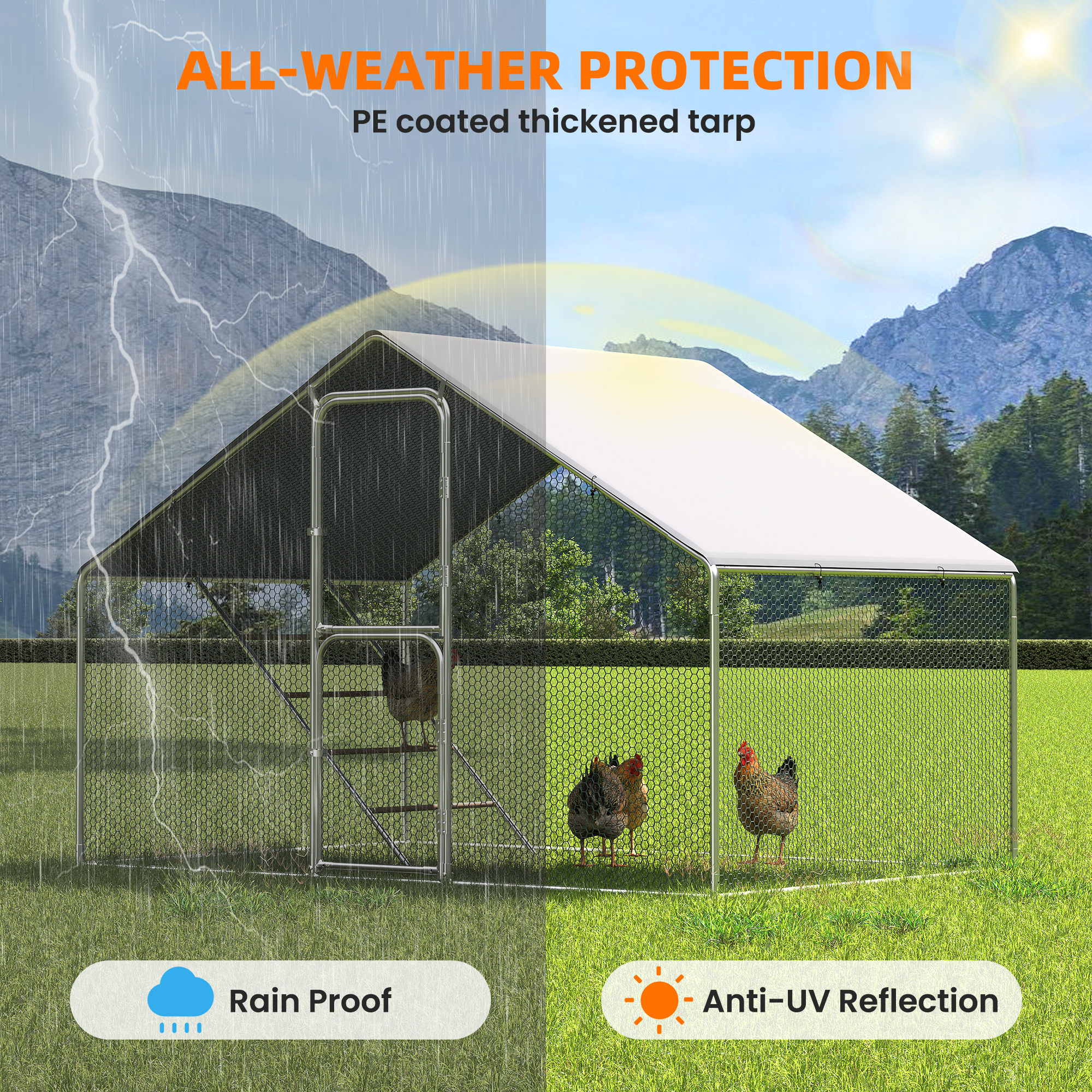 Chicken Coop & Metal Run - Spacious Walk In Pen for 10 Chickens with Double Feed Door, UV-Resistant Cover, Galvanized Frame - Duck & Rabbit House