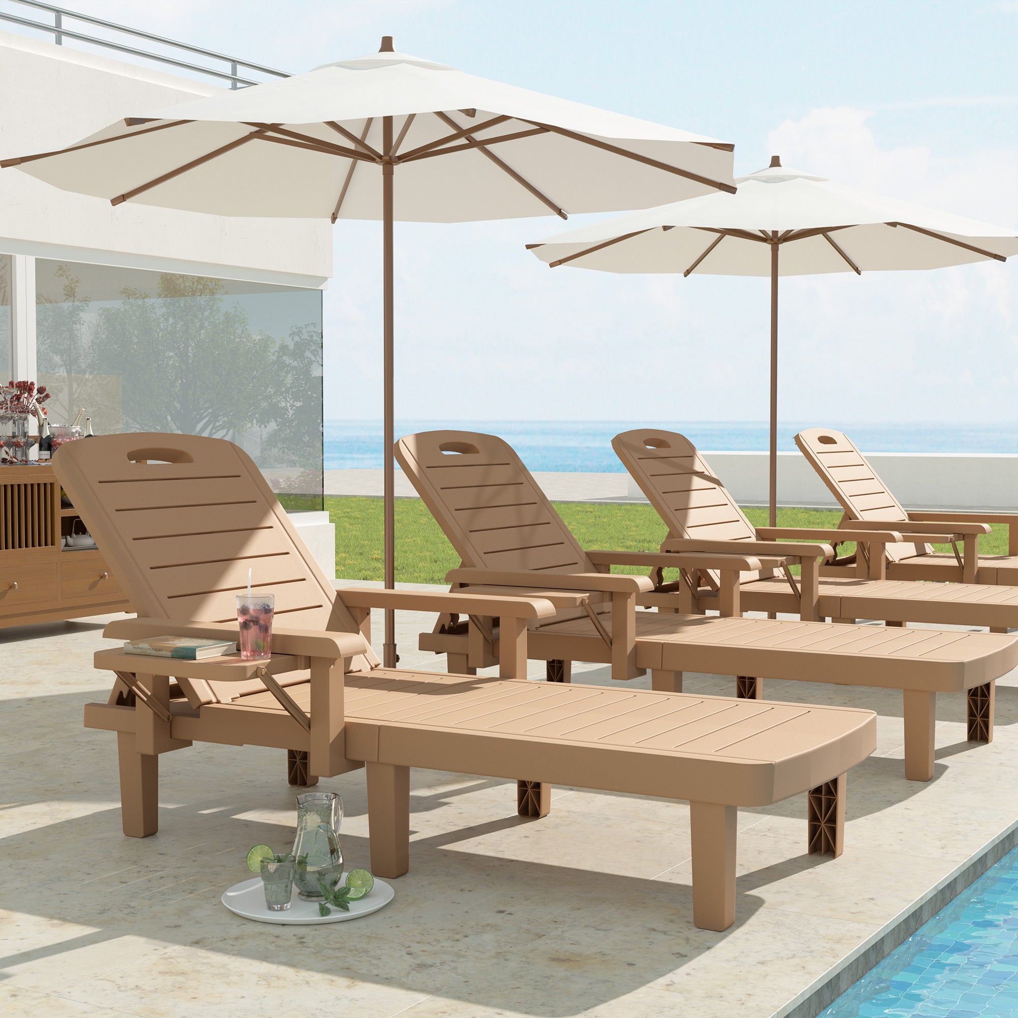 UDPATIO Oversized Pool Lounge Chairs Set of 2, Waterproof Resin Pool Chaise Lounges with Armrests and Cup Holder Tray, 5 Level Adjustable Backrest, for Poolsode, Lawn, Beach, Backyard