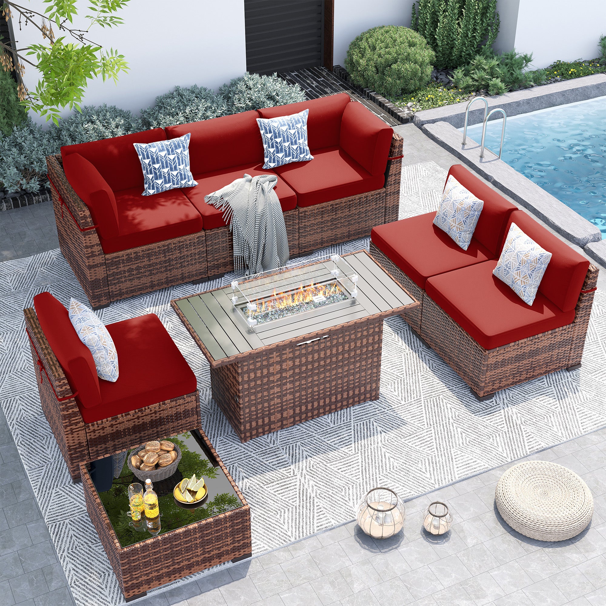UDPATIO Patio Furniture Set With 44'' Fire Pit Table,Modular Outdoor Furniture Sets,Slanted Back Outdoor Sectional Conversation Set PE Rattan Sofa for Backyard W/Coffee Table,4'' Cushions,8 PCS