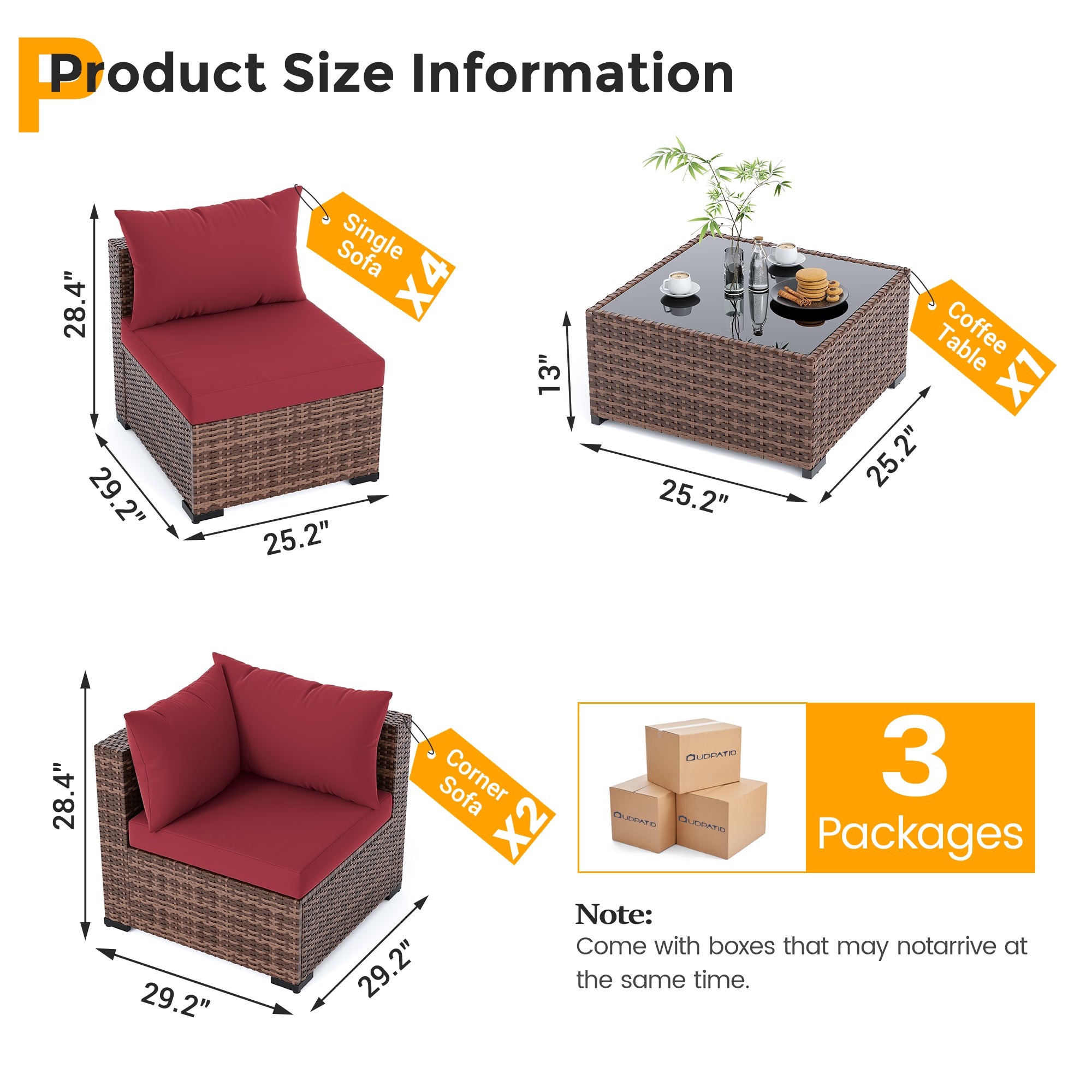 UDPATIO Patio Furniture Set, Outdoor Sectional Sofas with Wicker Coffee Table, Outdoor Patio Conversation Set for Garden, Backyard Dark Grey