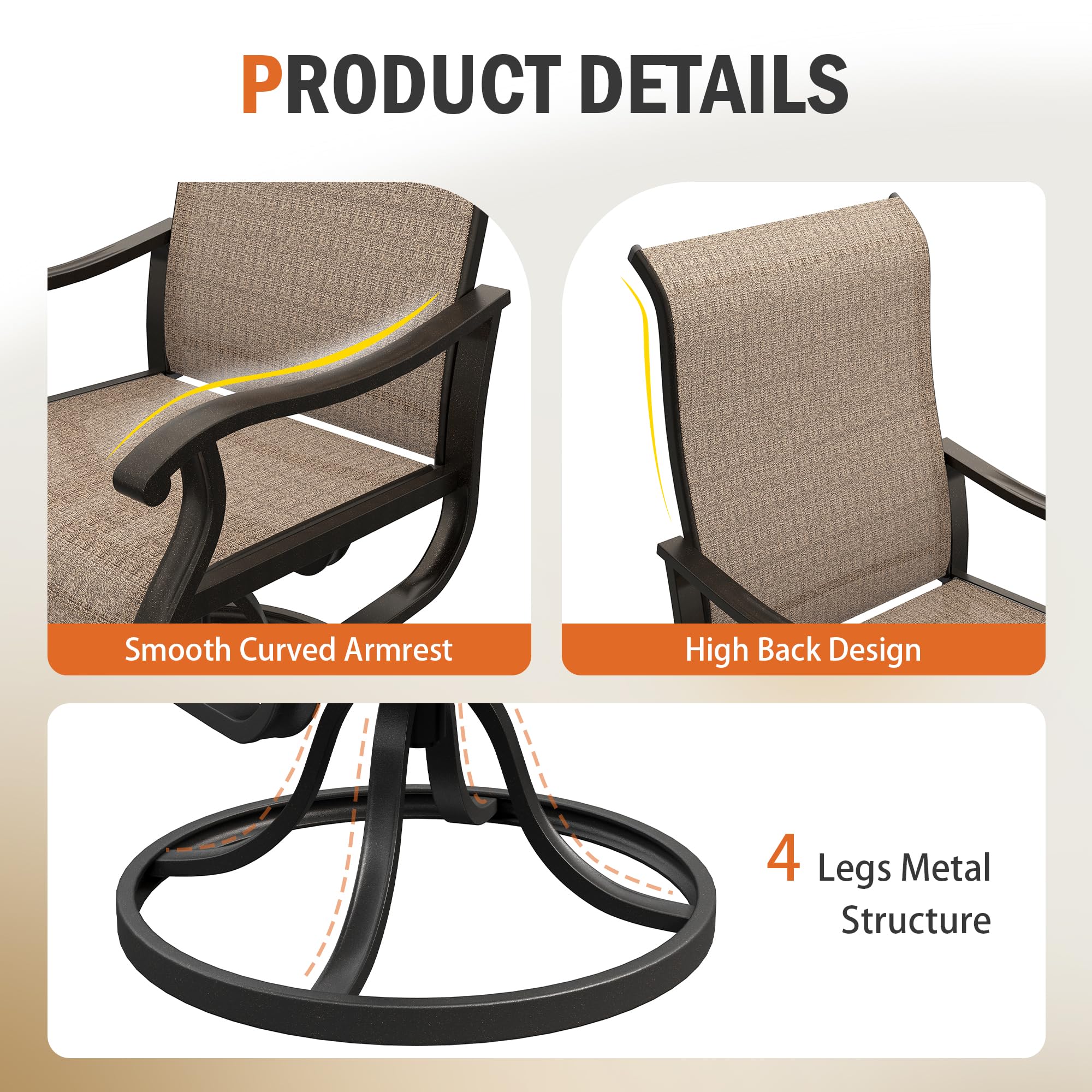 UDPATIO Patio Swivel Chairs Set of 4, Outdoor Patio Dining Chairs with All Weather Textilene Black Metal Frame for Lawn Garden Backyard, Brown