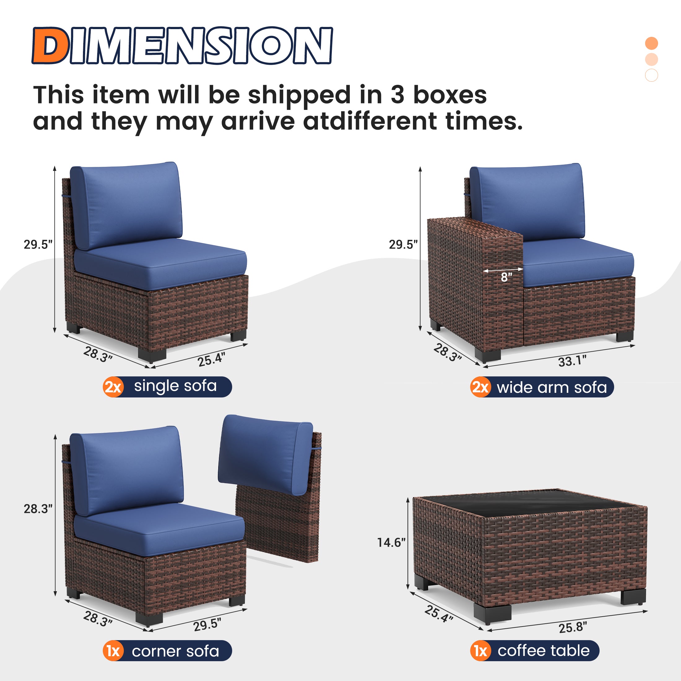 UDPATIO 6-Piece Patio Furniture Set, Outdoor Patio Sofa Set With Wide Armrest, All-Weather Wicker Rattan Guest Set With Cushion And Glass Table And Waterproof Cover, Brown & Navy Blue