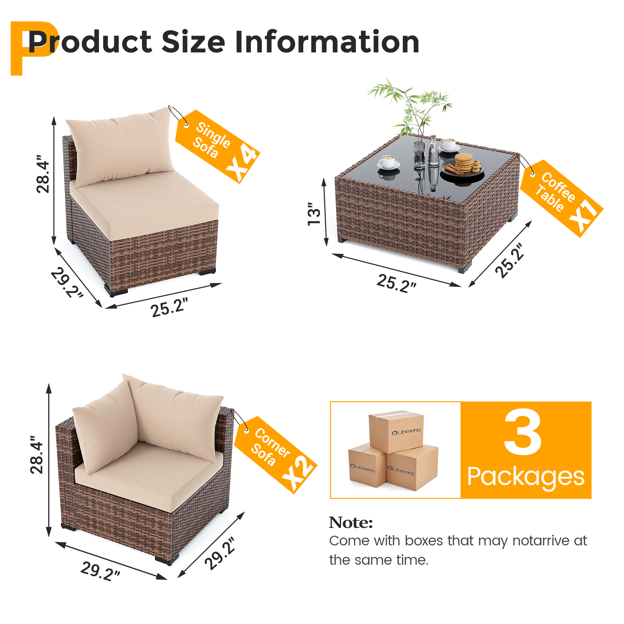 UDPATIO Patio Furniture Set, Outdoor Sectional Sofas with Wicker Coffee Table, Outdoor Patio Conversation Set for Garden, Backyard Dark Grey