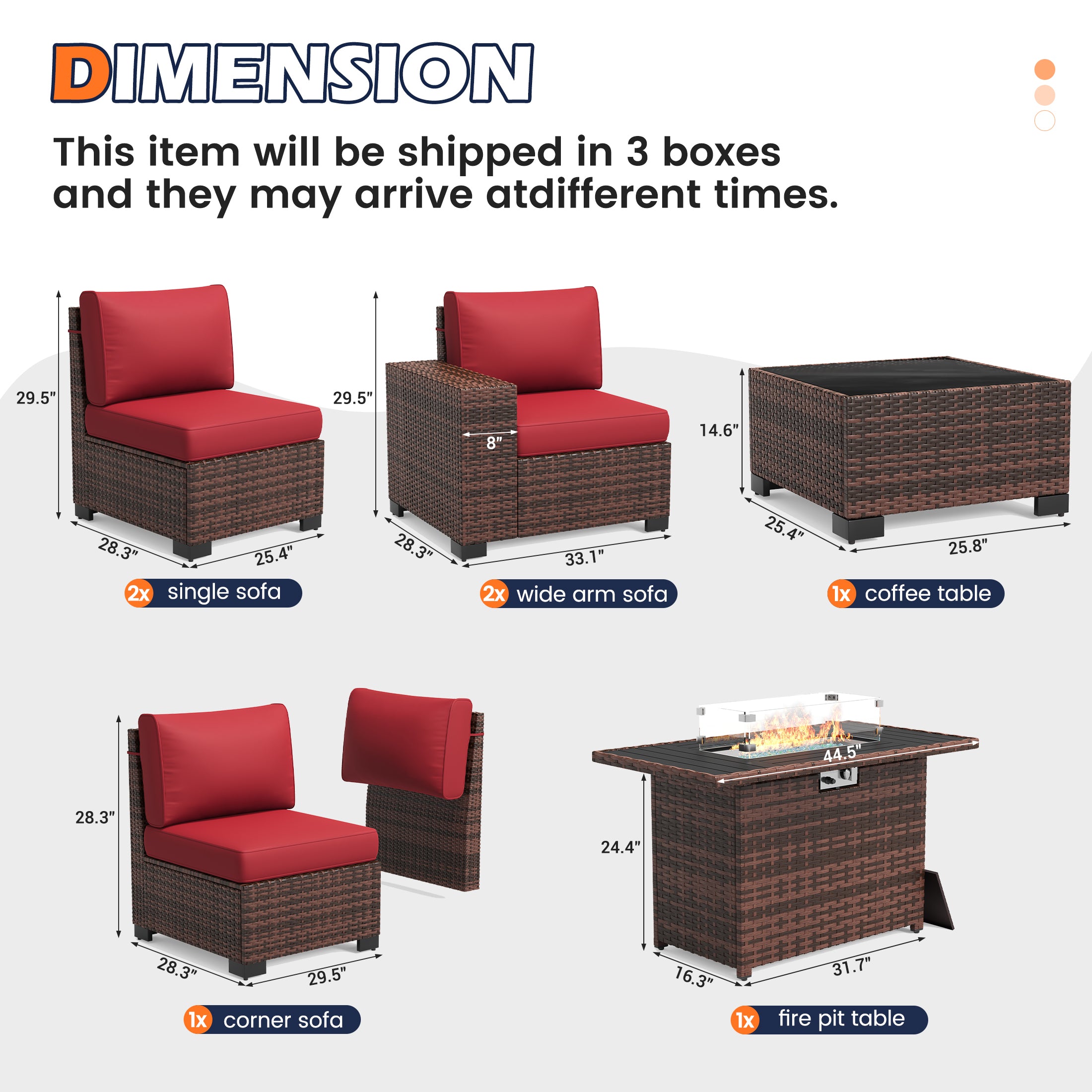 UDPATIO Patio Furniture Set with Fire Pit Table, Outdoor Patio Sofa Set With Wide Armrest, All-Weather Wicker Rattan Guest Set With Cushion And Glass Table And Waterproof Cover, Brown&Wine Red