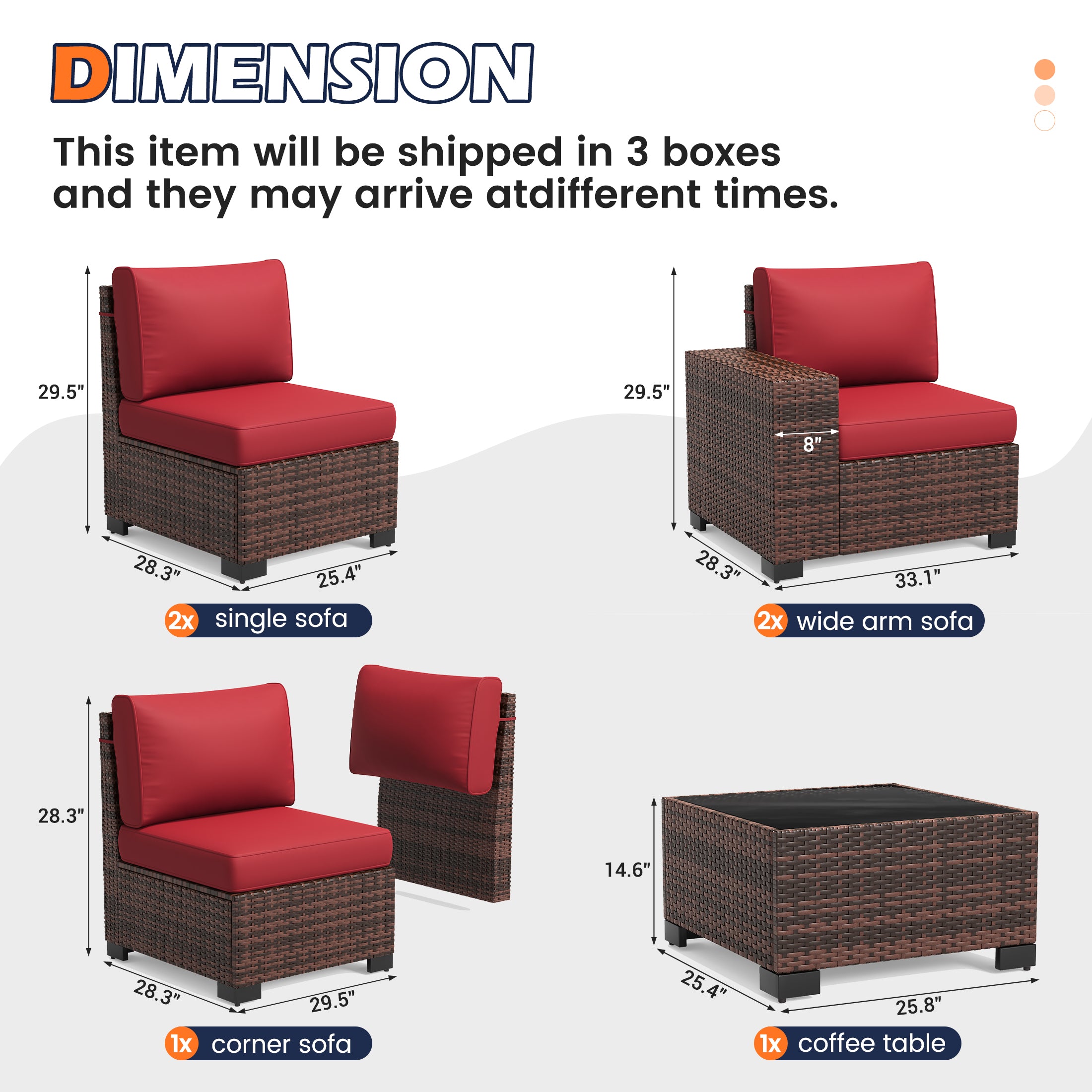 UDPATIO 6-Piece Patio Furniture Set, Outdoor Patio Sofa Set With Wide Armrest, All-Weather Wicker Rattan Guest Set With Cushion And Glass Table And Waterproof Cover,Brown & Wine Red