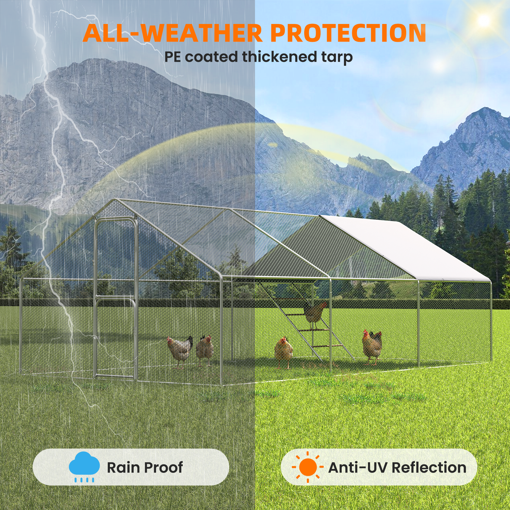 Large Chicken Coop & Metal Run - Spacious Walk In Pen for 20-30 Chickens with Double Feed Door, UV-Resistant Cover, Galvanized Frame - Duck & Rabbit House