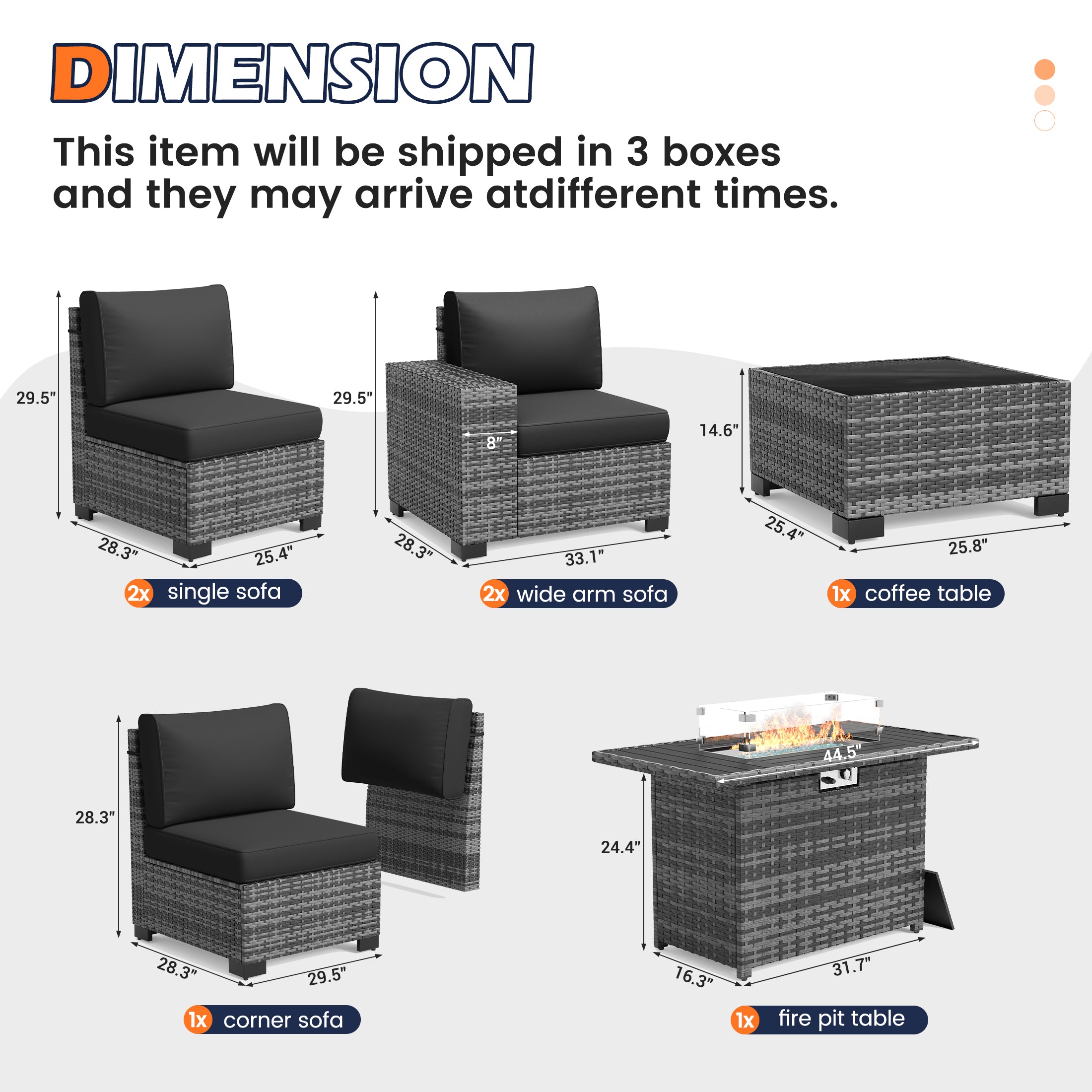 UDPATIO Patio Furniture Set with Fire Pit Table, Outdoor Patio Sofa Set With Wide Armrest, All-Weather Wicker Rattan Guest Set With Cushion And Glass Table And Waterproof Cover, Gray&Black
