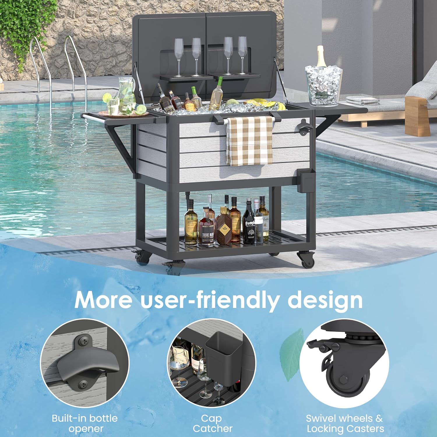 Patio Cooler with Wheels, 104 Qt Portable Rolling Ice Chest, Outdoor Beverage Bar Cart with Handles for Pool, Deck, BBQ, Cookouts Party-Grey