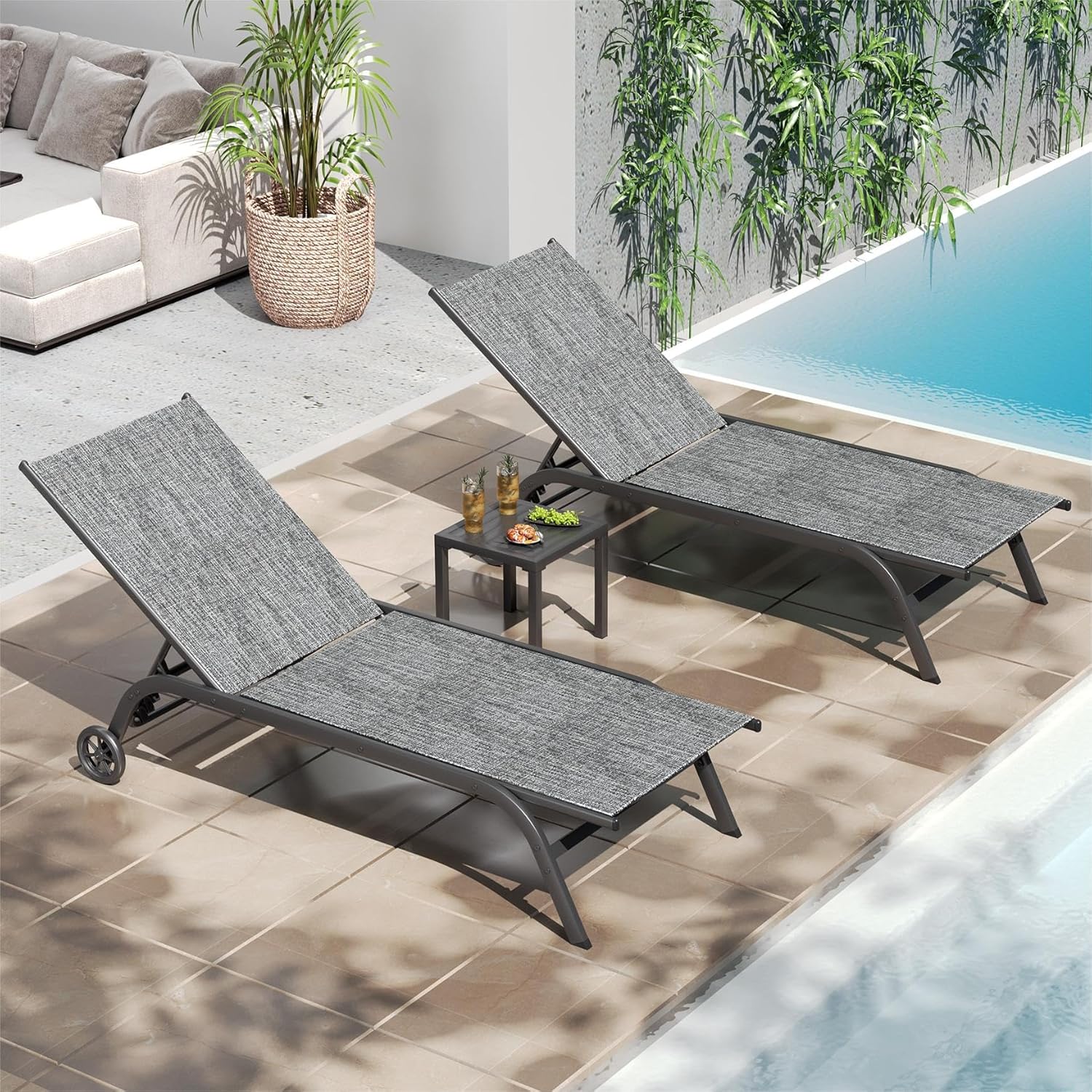 UDPATIO Outdoor Chaise Lounge Padded Set of 3, Aluminum Lounge Chair with Removable Cushion, 5 Adjustable Position Pool Lounger with Wheels and Side Table for Garden Poolside Patio (Grey)