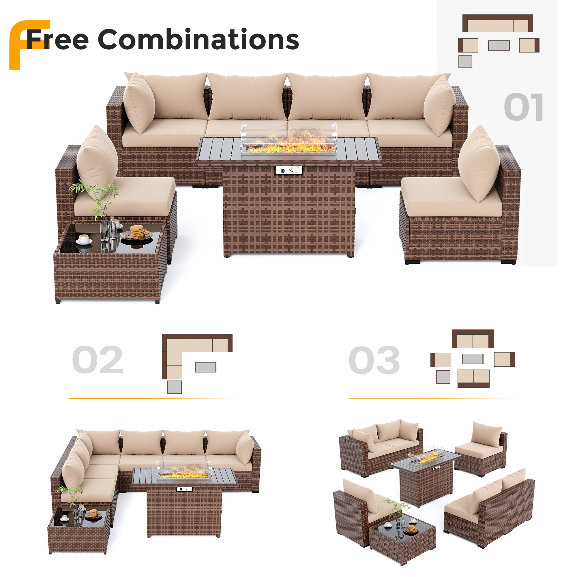 UDPATIO Outdoor Patio Furniture Set with Fire Pit Table, 8 Piece Outdoor Sectional Sofas, All-Weather Wicker Patio Conversation Set for Garden, Backyard
