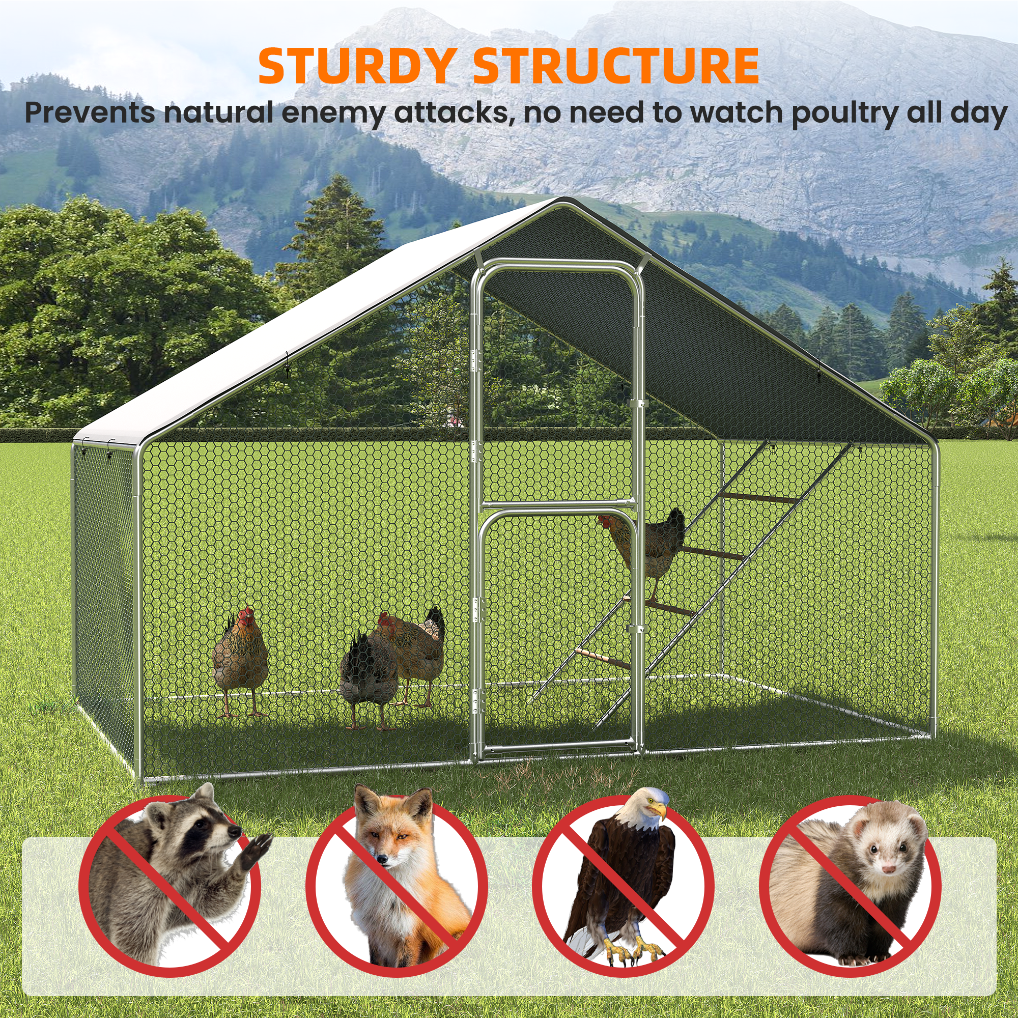 Chicken Coop & Metal Run - Spacious Walk In Pen for 10 Chickens with Double Feed Door, UV-Resistant Cover, Galvanized Frame - Duck & Rabbit House