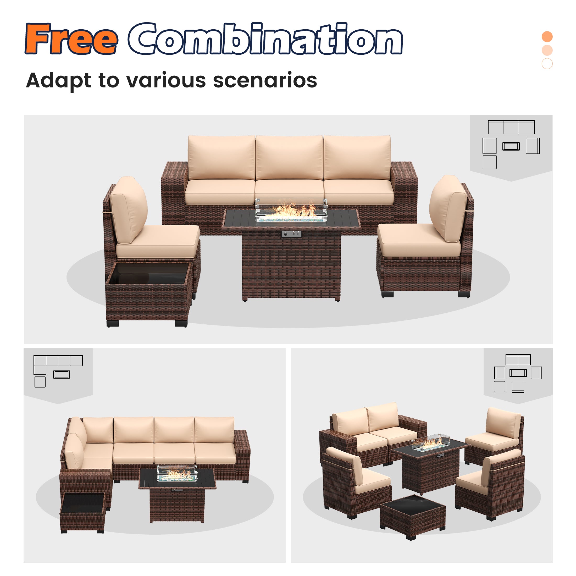 UDPATIO Patio Furniture Set with Fire Pit Table, Outdoor Patio Sofa Set With Wide Armrest, All-Weather Wicker Rattan Guest Set With Cushion And Glass Table And Waterproof Cover, Brown&Khaki