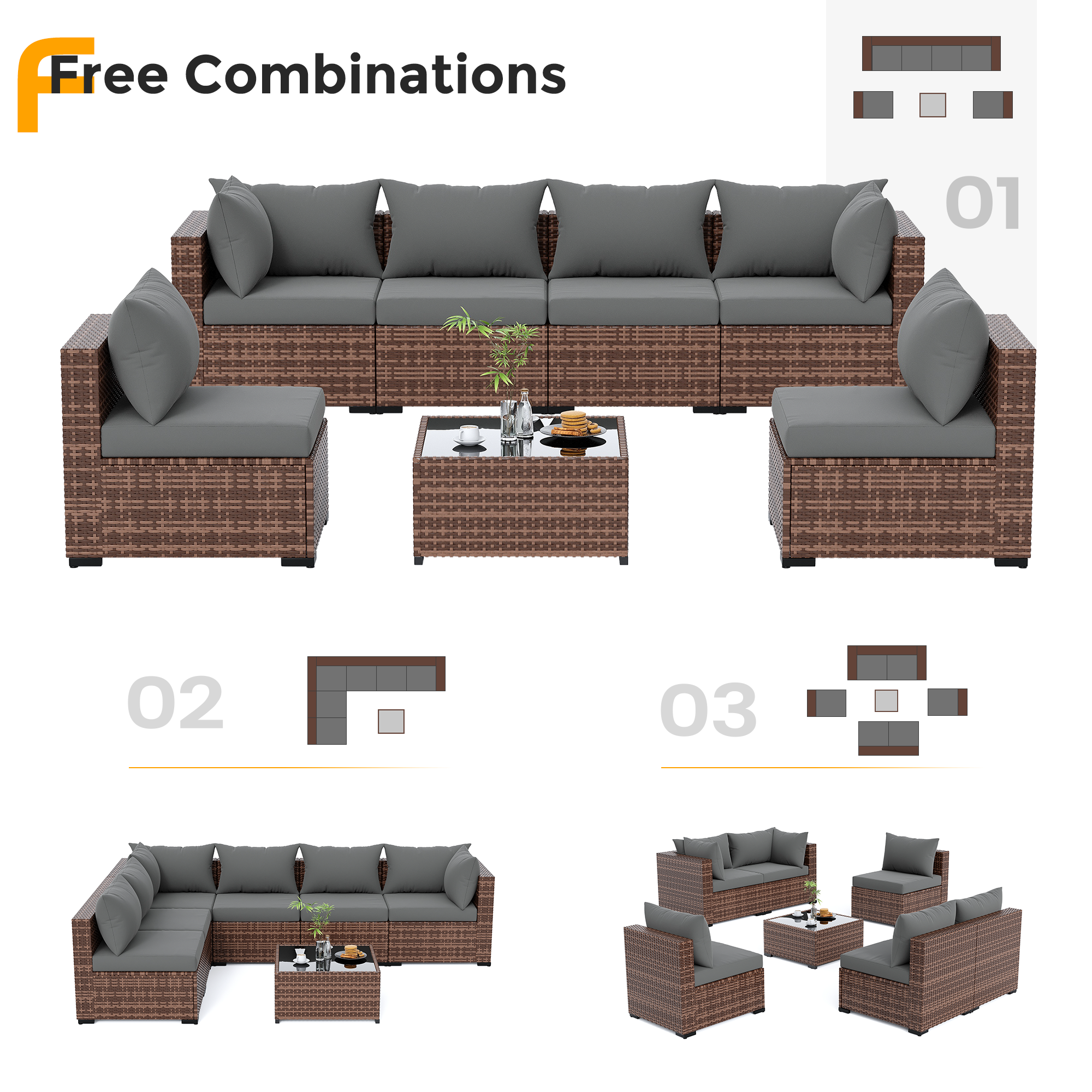 UDPATIO Patio Furniture Set, Outdoor Sectional Sofas with Wicker Coffee Table, Outdoor Patio Conversation Set for Garden, Backyard Dark Grey