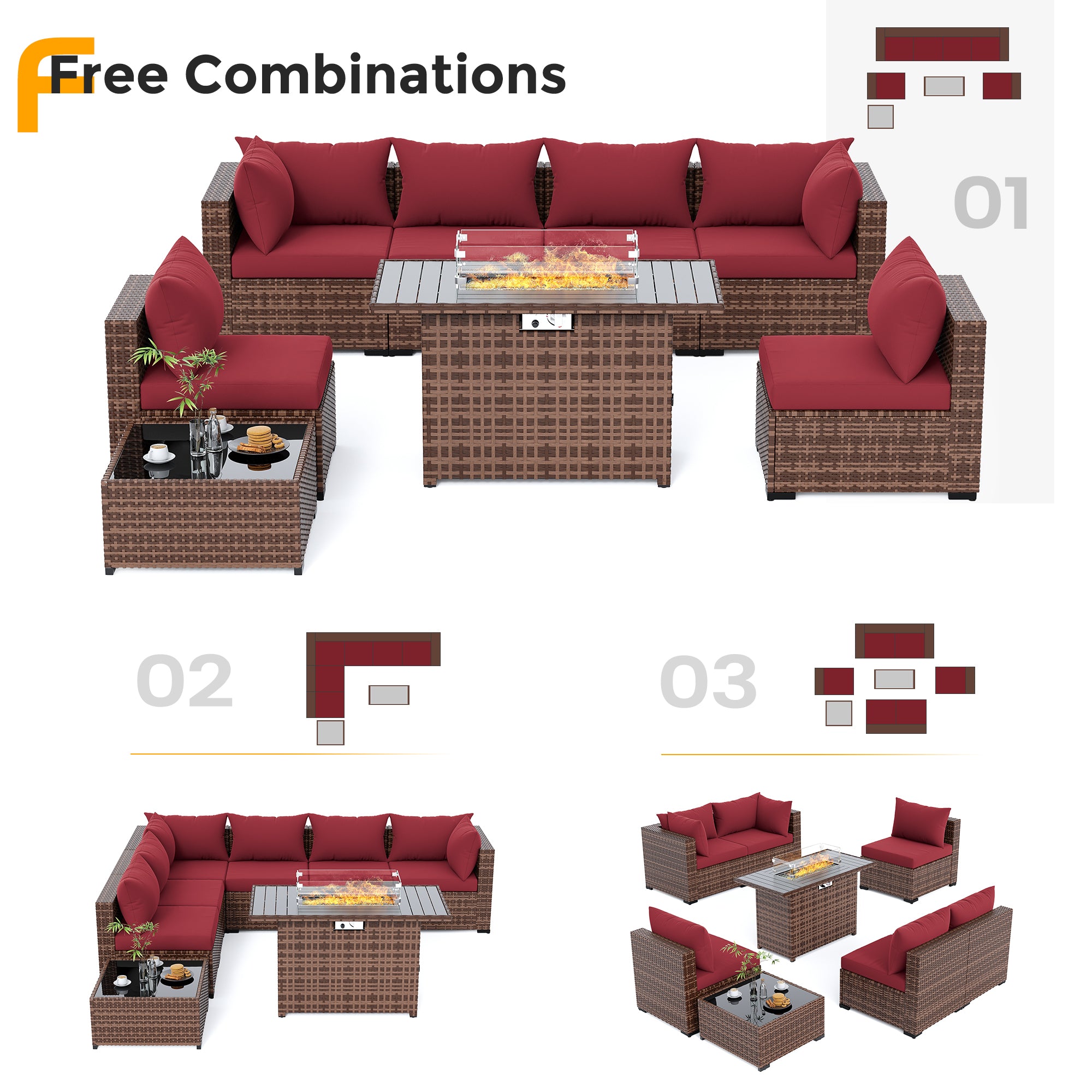 UDPATIO Outdoor Patio Furniture Set with Fire Pit Table, 8 Piece Outdoor Sectional Sofas, All-Weather Wicker Patio Conversation Set for Garden, Backyard