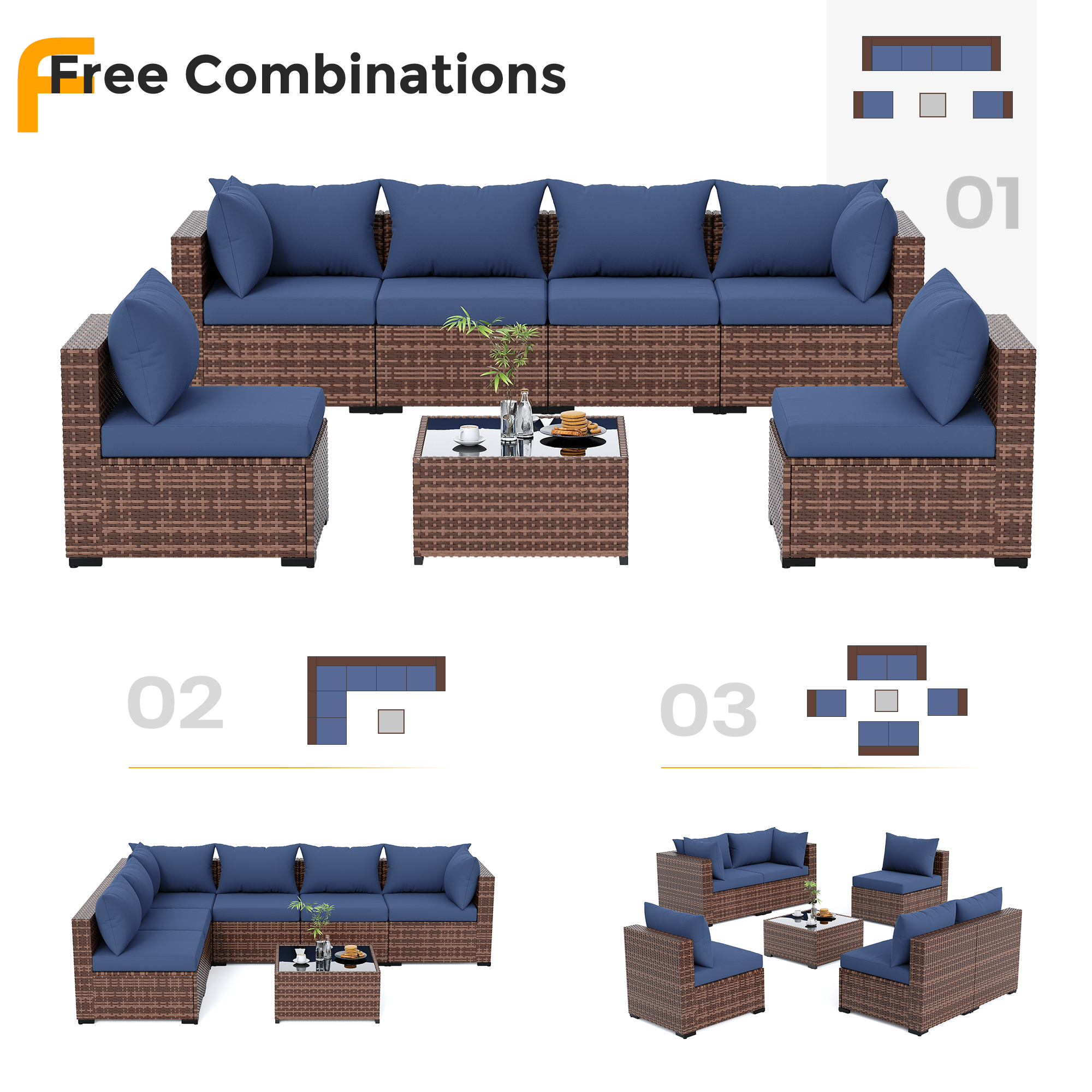 UDPATIO Patio Furniture Set, Outdoor Sectional Sofas with Wicker Coffee Table, Outdoor Patio Conversation Set for Garden, Backyard Dark Grey