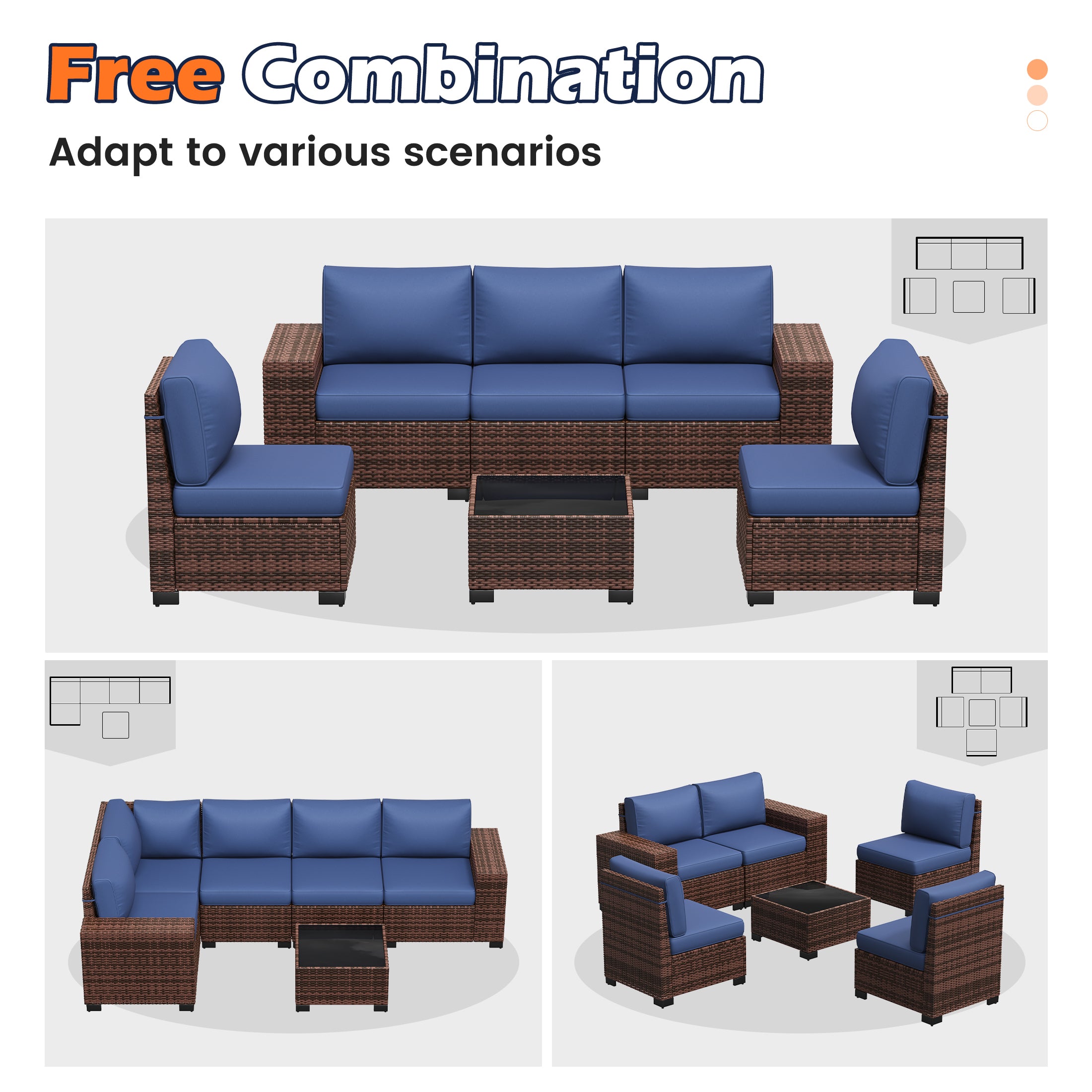 UDPATIO 6-Piece Patio Furniture Set, Outdoor Patio Sofa Set With Wide Armrest, All-Weather Wicker Rattan Guest Set With Cushion And Glass Table And Waterproof Cover, Brown & Navy Blue