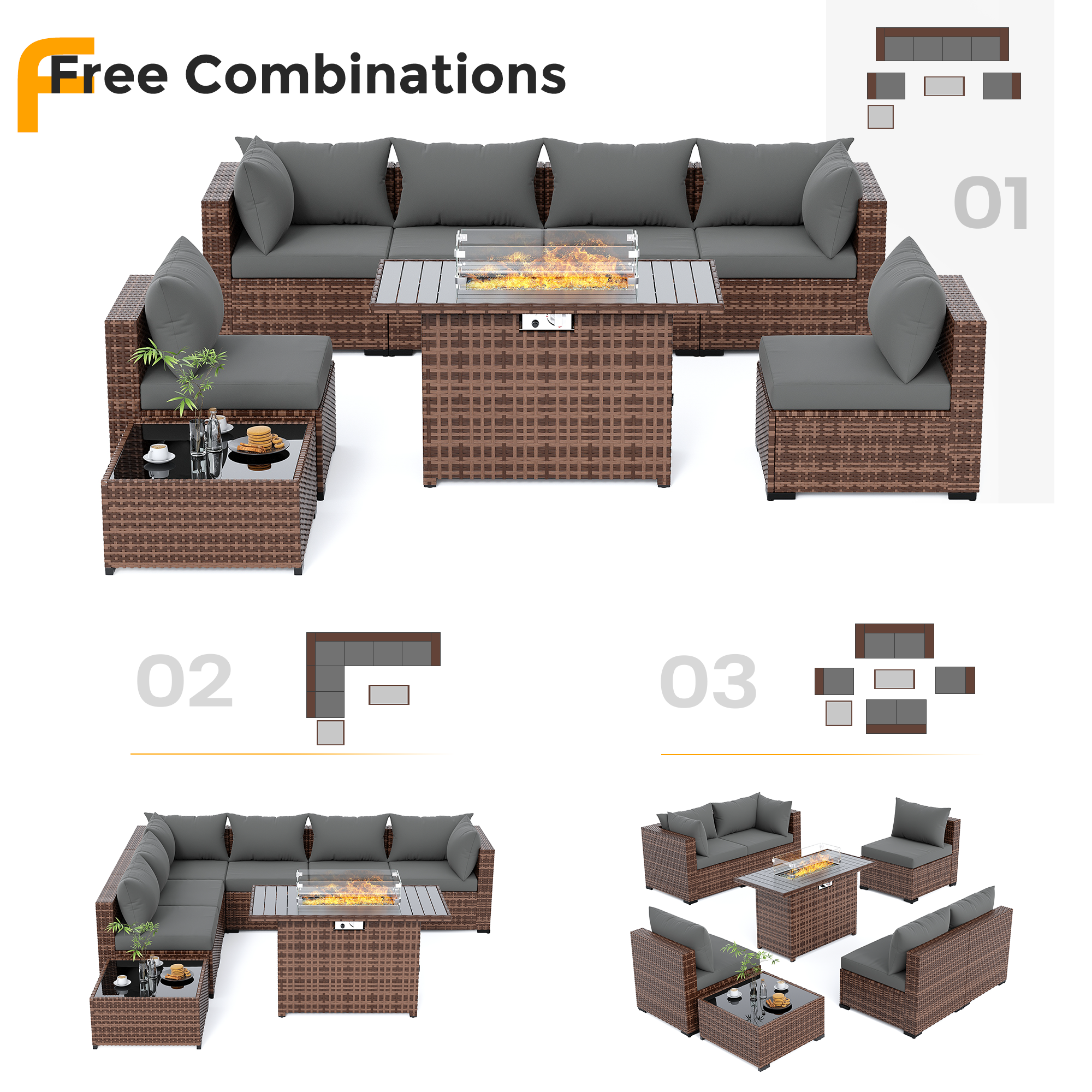 UDPATIO Outdoor Patio Furniture Set with Fire Pit Table, 8 Piece Outdoor Sectional Sofas, All-Weather Wicker Patio Conversation Set for Garden, Backyard