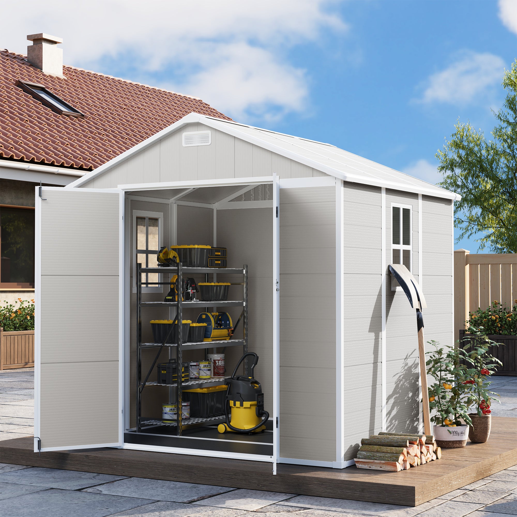 UDPATIO Resin Storage Shed 8 x 6 FT, Outdoor Garden Sheds with Floor Plastic Patio Outdoor Storage Shed with Lockable Door, Sandstone