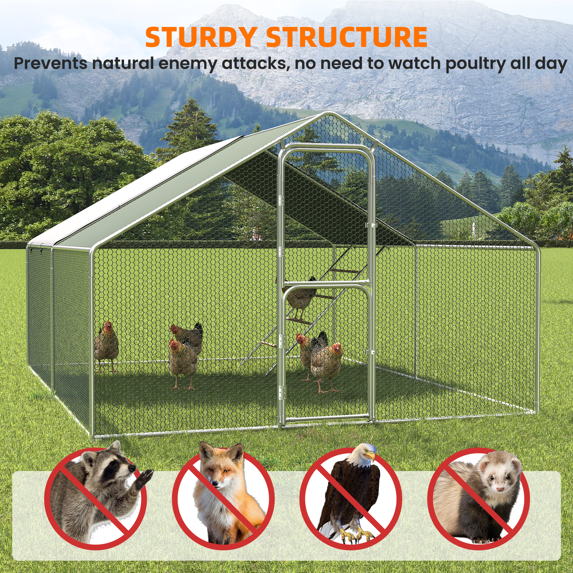 Large Chicken Coop & Metal Run - Spacious Walk In Pen for 10-20 Chickens with Double Feed Door, UV-Resistant Cover, Galvanized Frame - Duck & Rabbit House