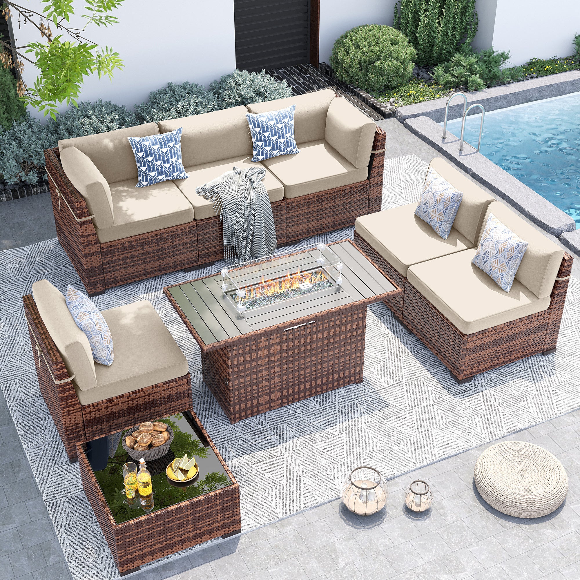 UDPATIO Patio Furniture Set With 44'' Fire Pit Table,Modular Outdoor Furniture Sets,Slanted Back Outdoor Sectional Conversation Set PE Rattan Sofa for Backyard W/Coffee Table,4'' Cushions,8 PCS