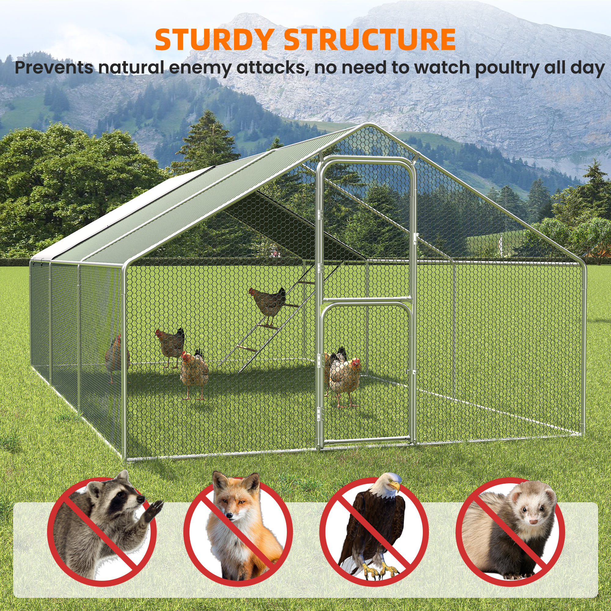 Large Chicken Coop & Metal Run - Spacious Walk In Pen for 20-30 Chickens with Double Feed Door, UV-Resistant Cover, Galvanized Frame - Duck & Rabbit House