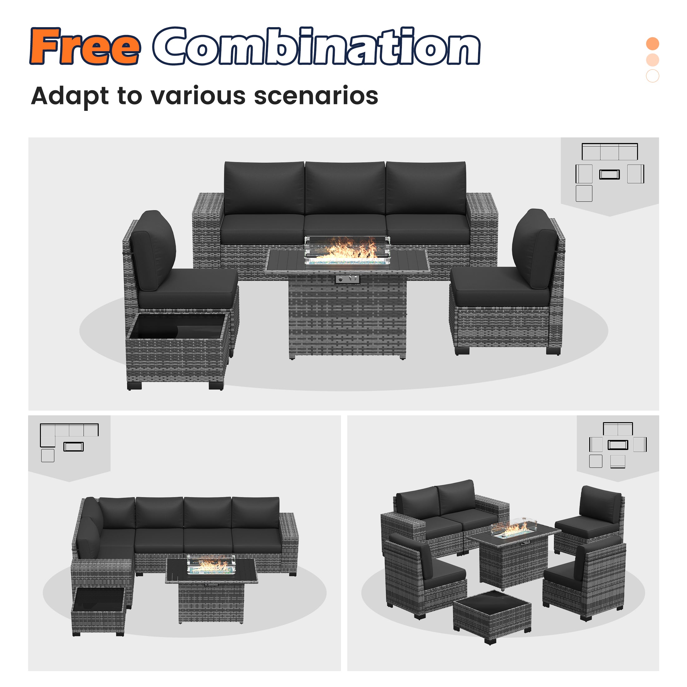 UDPATIO Patio Furniture Set with Fire Pit Table, Outdoor Patio Sofa Set With Wide Armrest, All-Weather Wicker Rattan Guest Set With Cushion And Glass Table And Waterproof Cover, Gray&Black