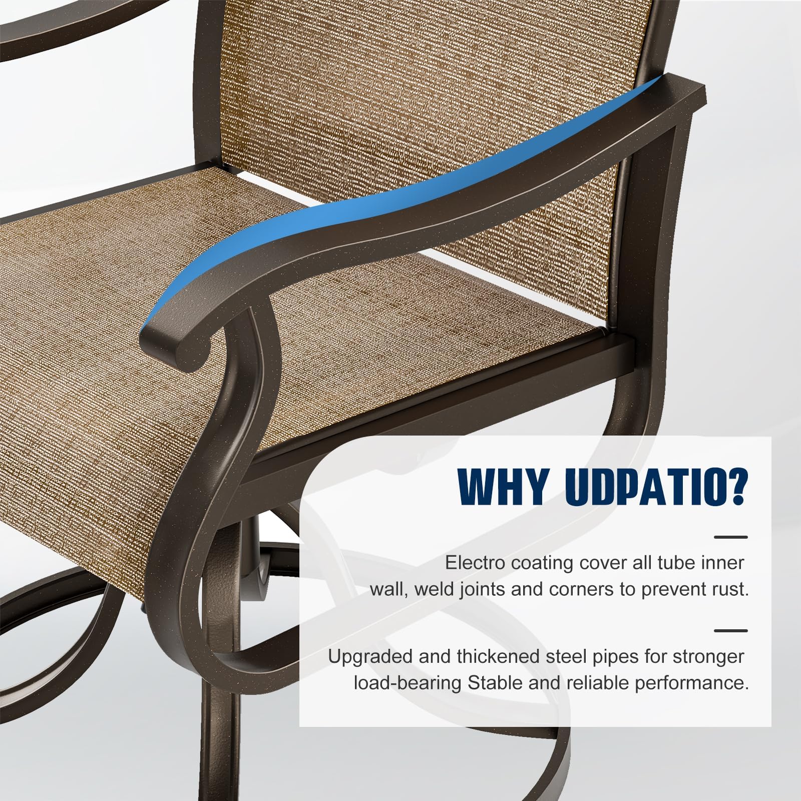 UDPATIO Patio Swivel Dining Chairs Set of 2, Outdoor Dining Chairs High Back with All Weather Breathable Textilene, Metal Rocking Frame for Lawn Garden, Brown