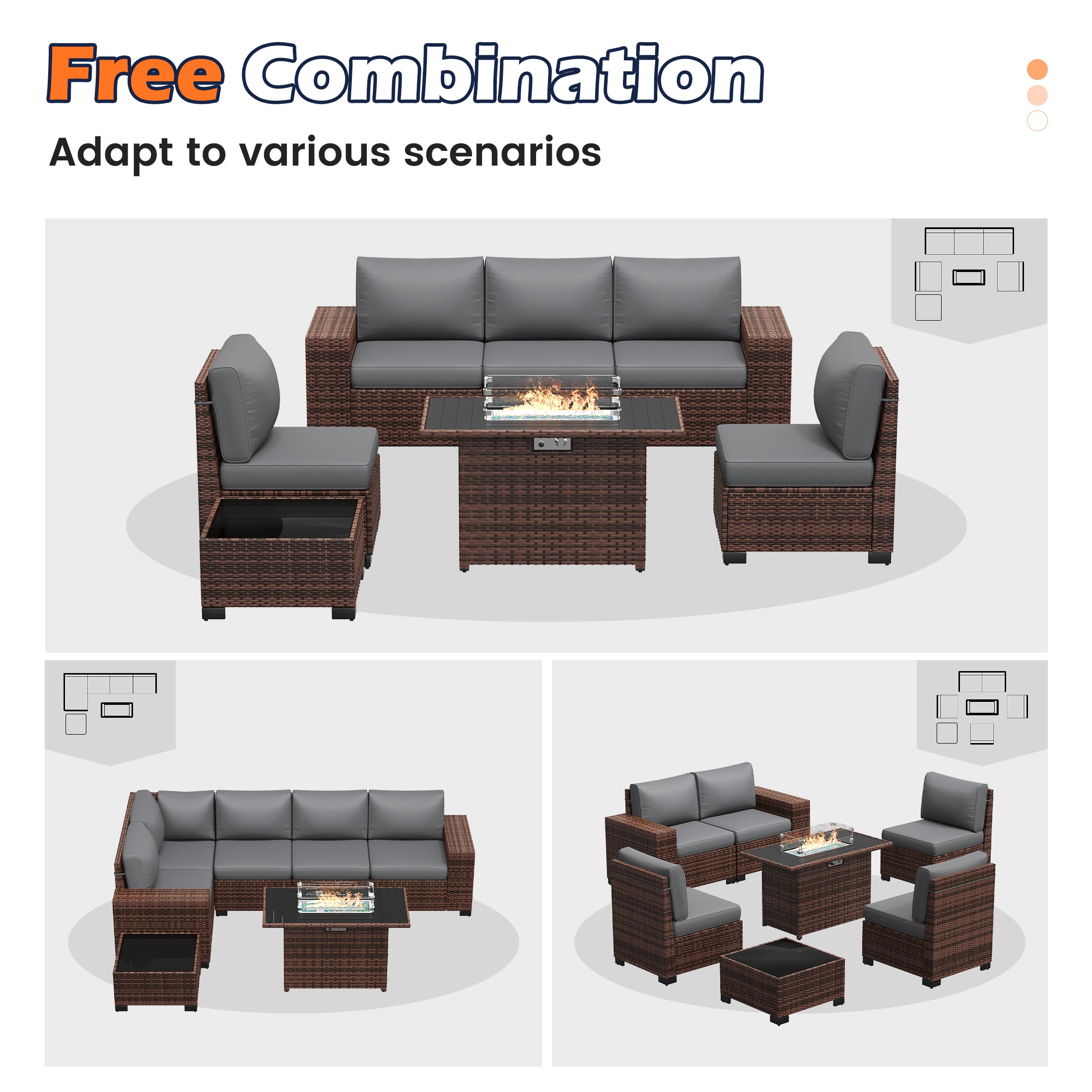 UDPATIO Patio Furniture Set with Fire Pit Table, Outdoor Patio Sofa Set With Wide Armrest, All-Weather Wicker Rattan Guest Set With Cushion And Glass Table And Waterproof Cover, Brown&Dark Gray