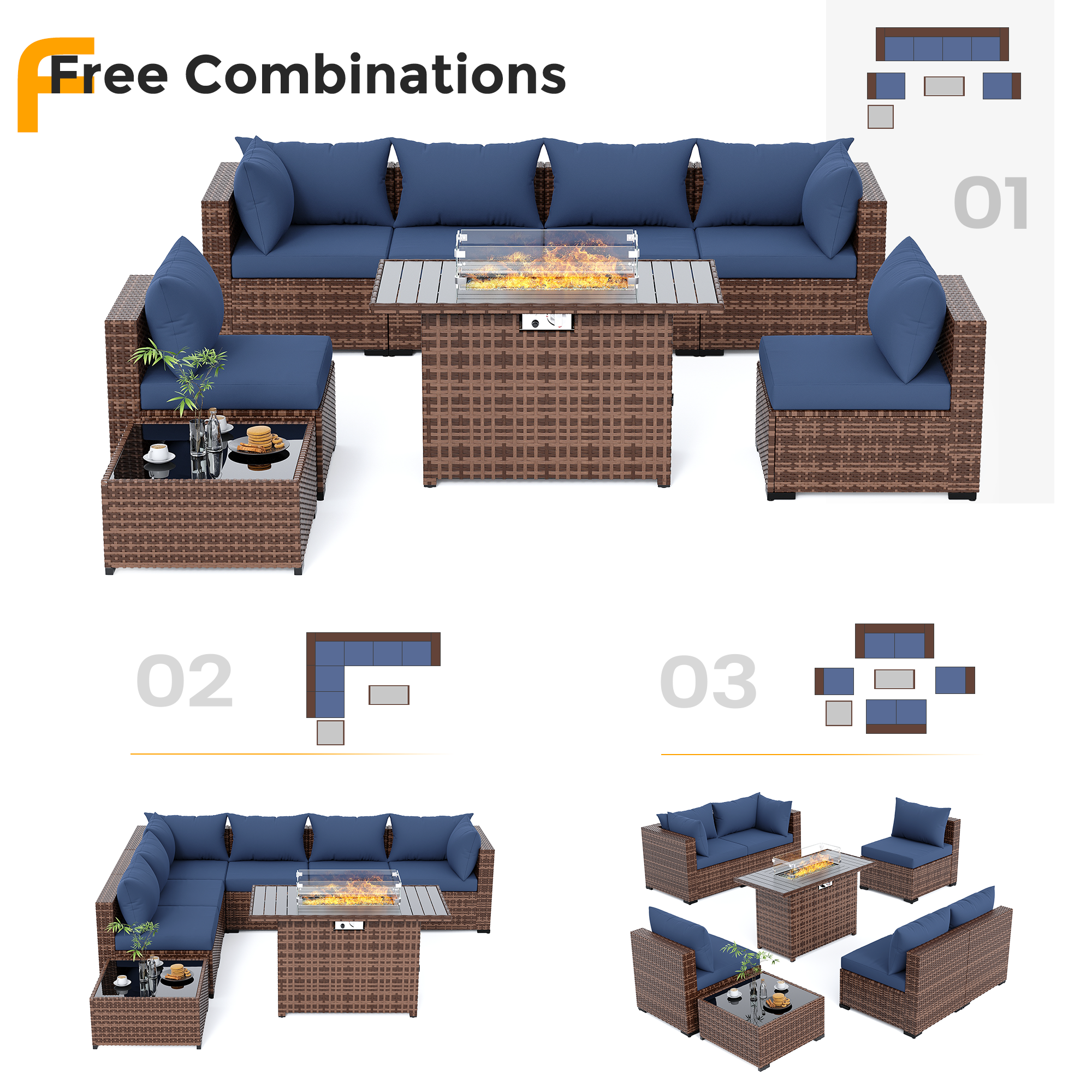 UDPATIO Outdoor Patio Furniture Set with Fire Pit Table, 8 Piece Outdoor Sectional Sofas, All-Weather Wicker Patio Conversation Set for Garden, Backyard
